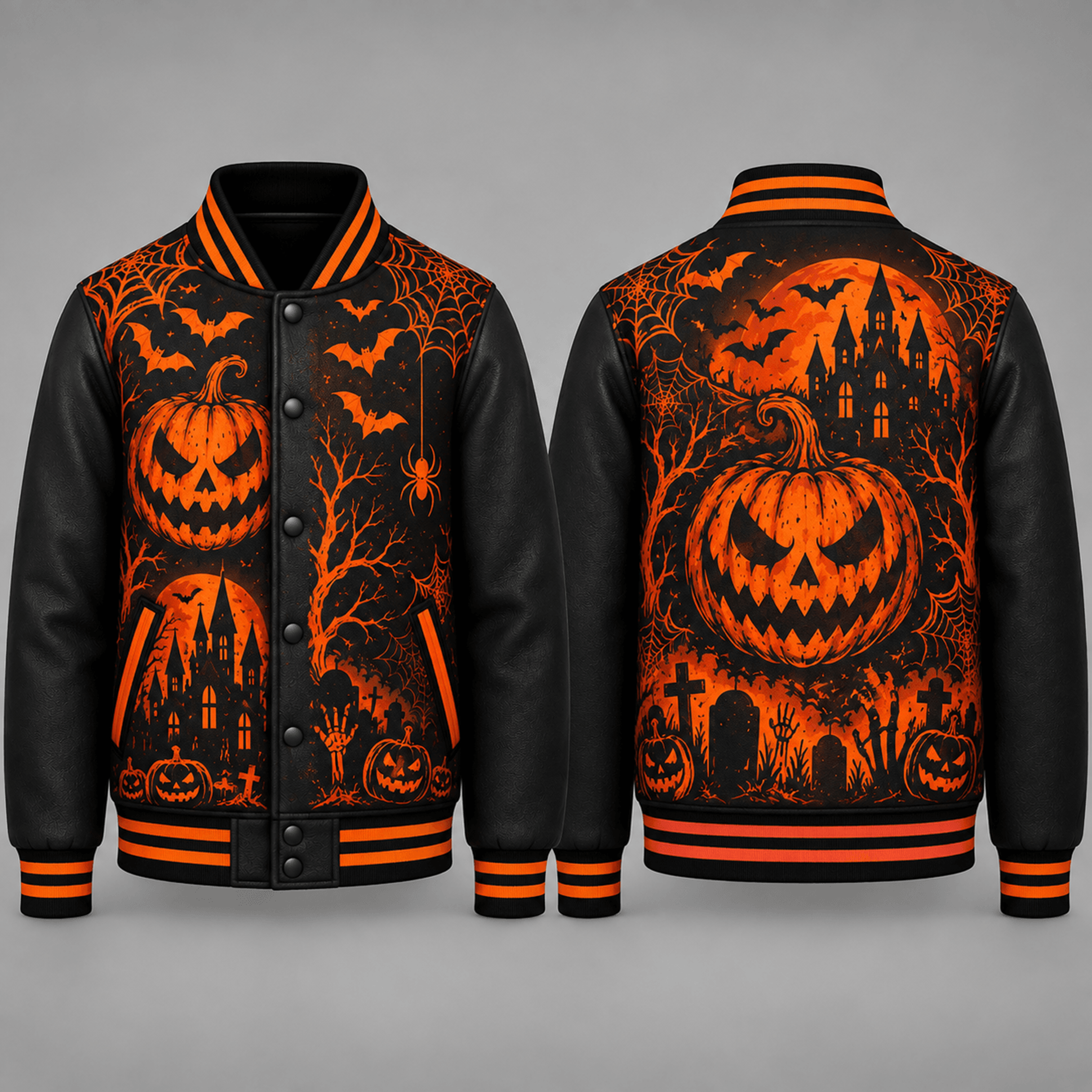unisex halloween pumpkin varsity jacket, haunted castle bat spider web printed gothic horror jacket for adults