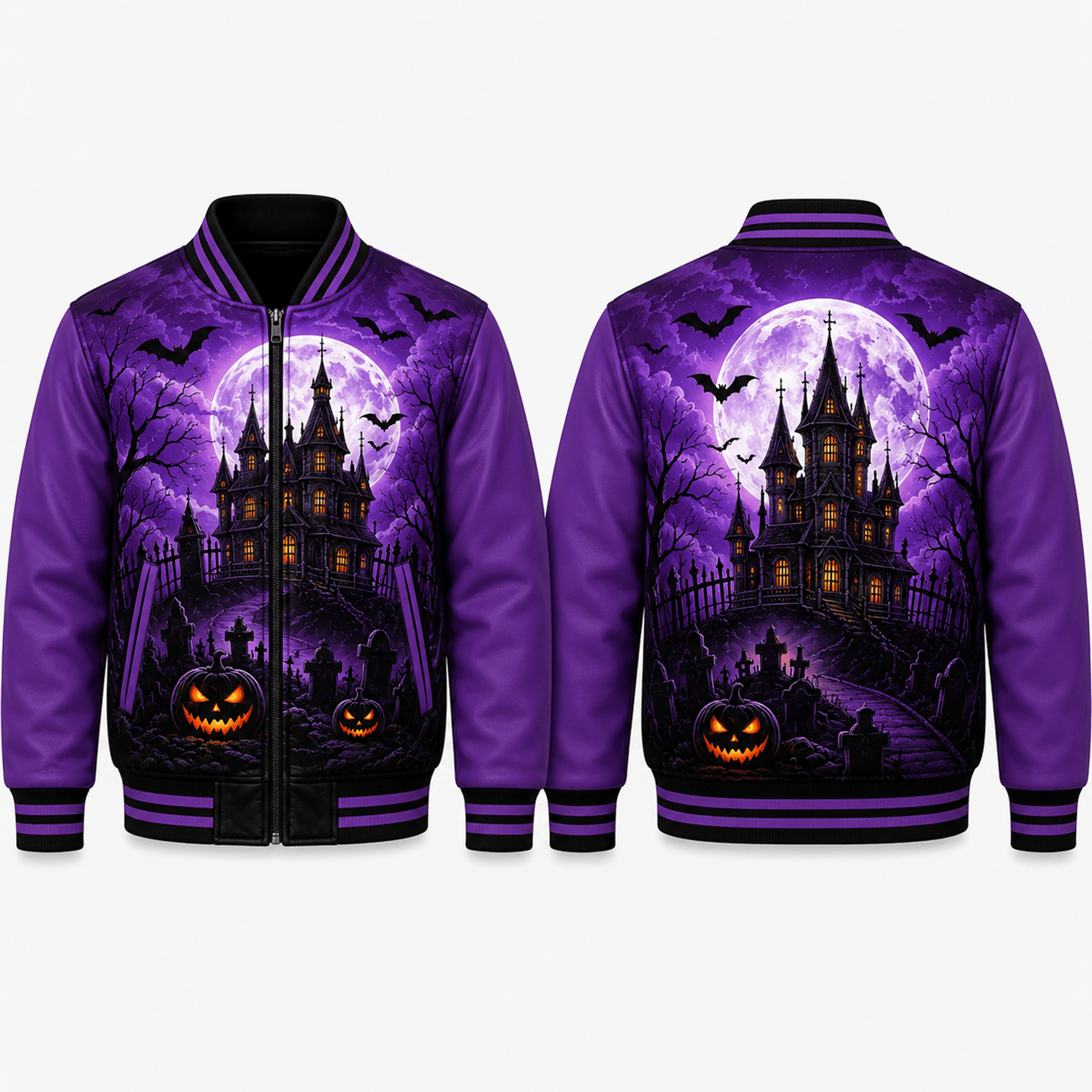 unisex haunted house varsity jacket, purple halloween full moon pumpkin printed gothic spooky jacket for adults