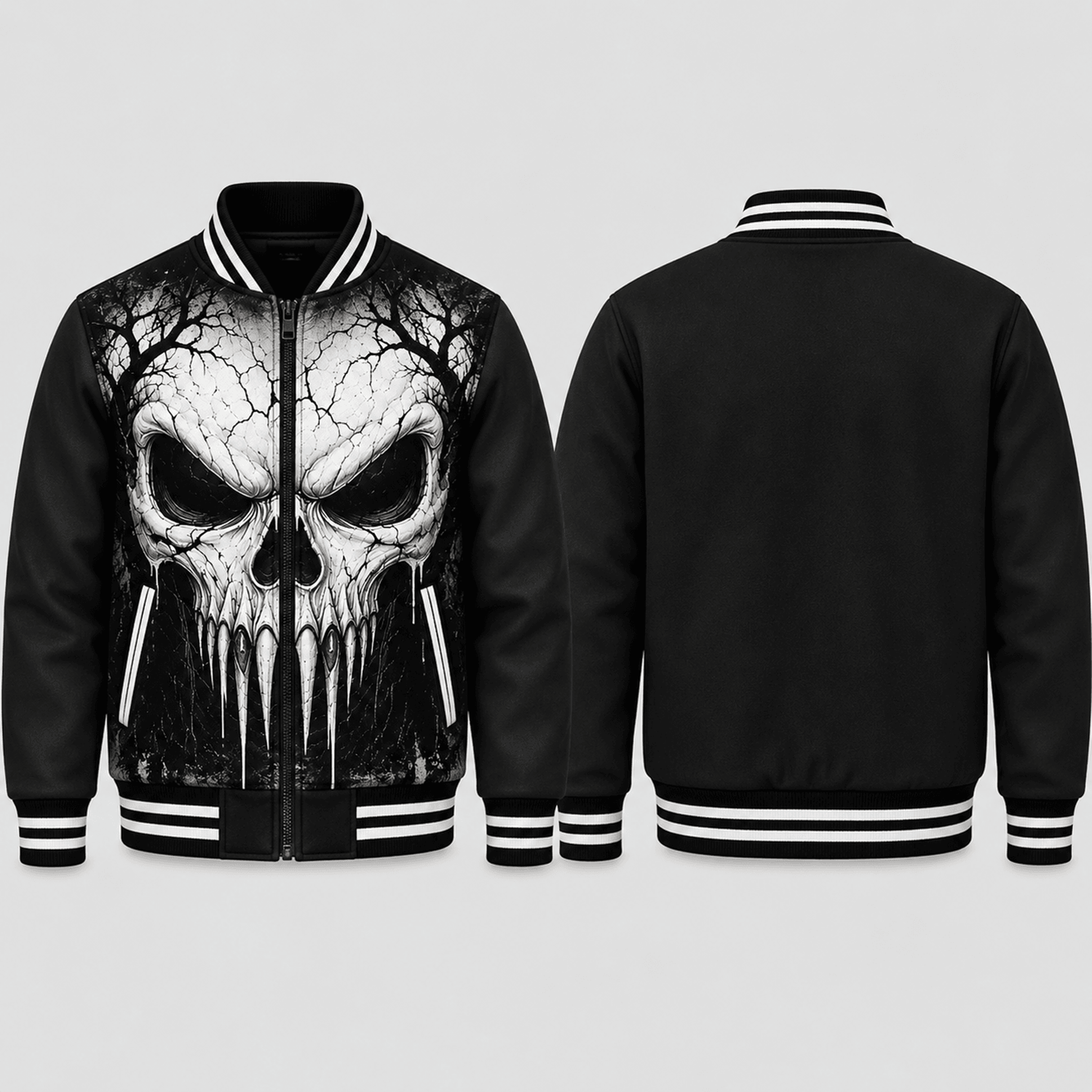 unisex gothic skull varsity jacket, black white horror skull printed halloween spooky jacket for adults