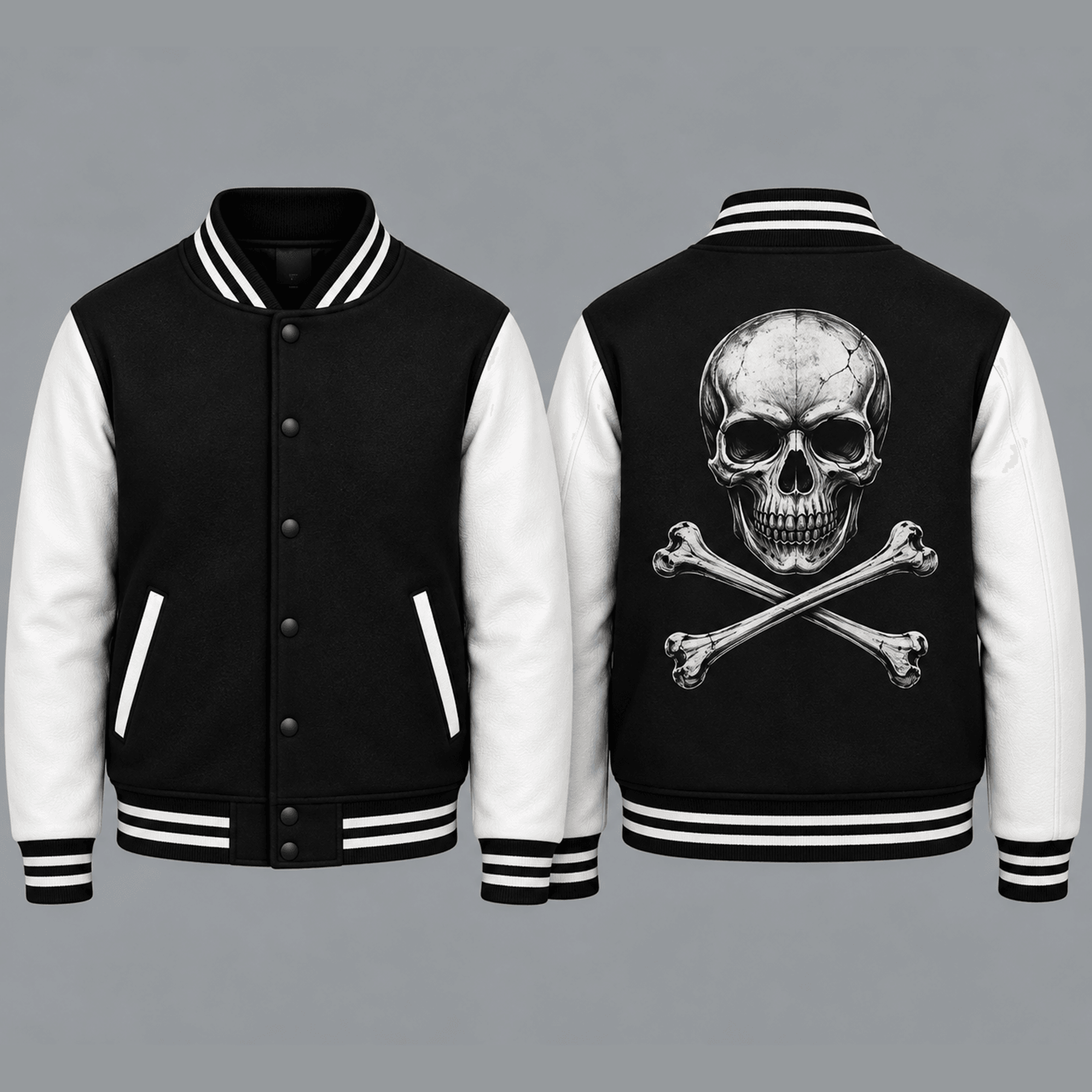 unisex skull crossbones varsity jacket, gothic skeleton bone printed black white halloween jacket for adults