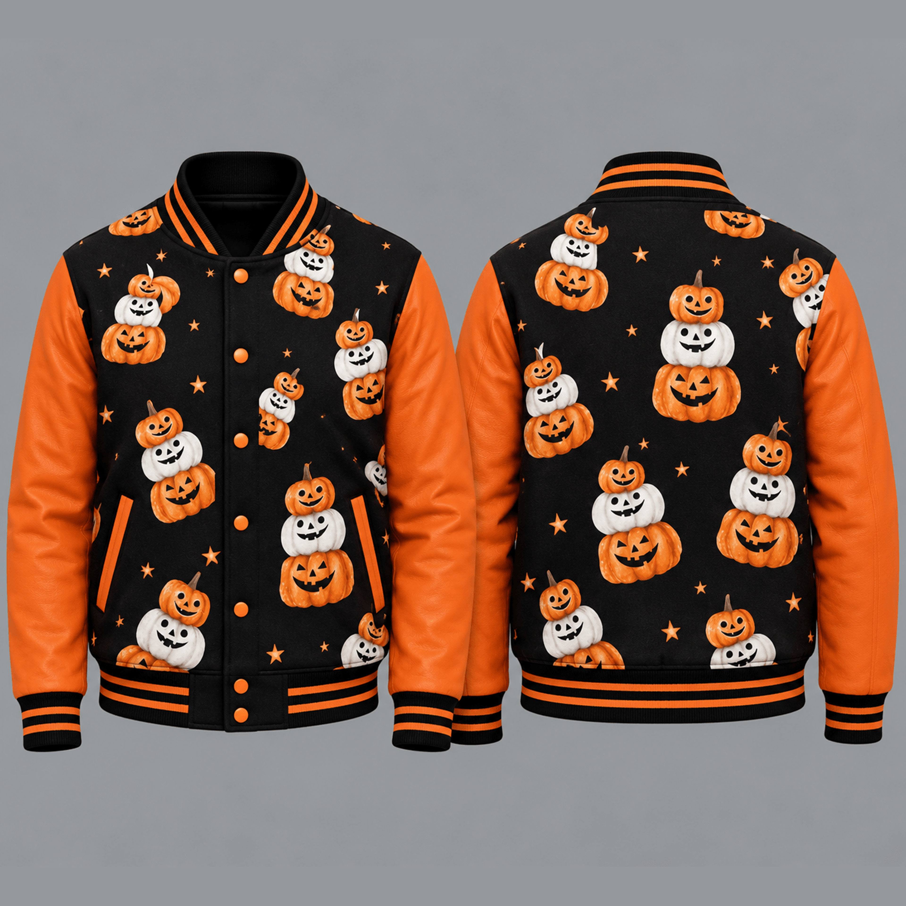 unisex halloween pumpkin stack varsity jacket, cute jack o lantern pattern printed adult spooky season jacket