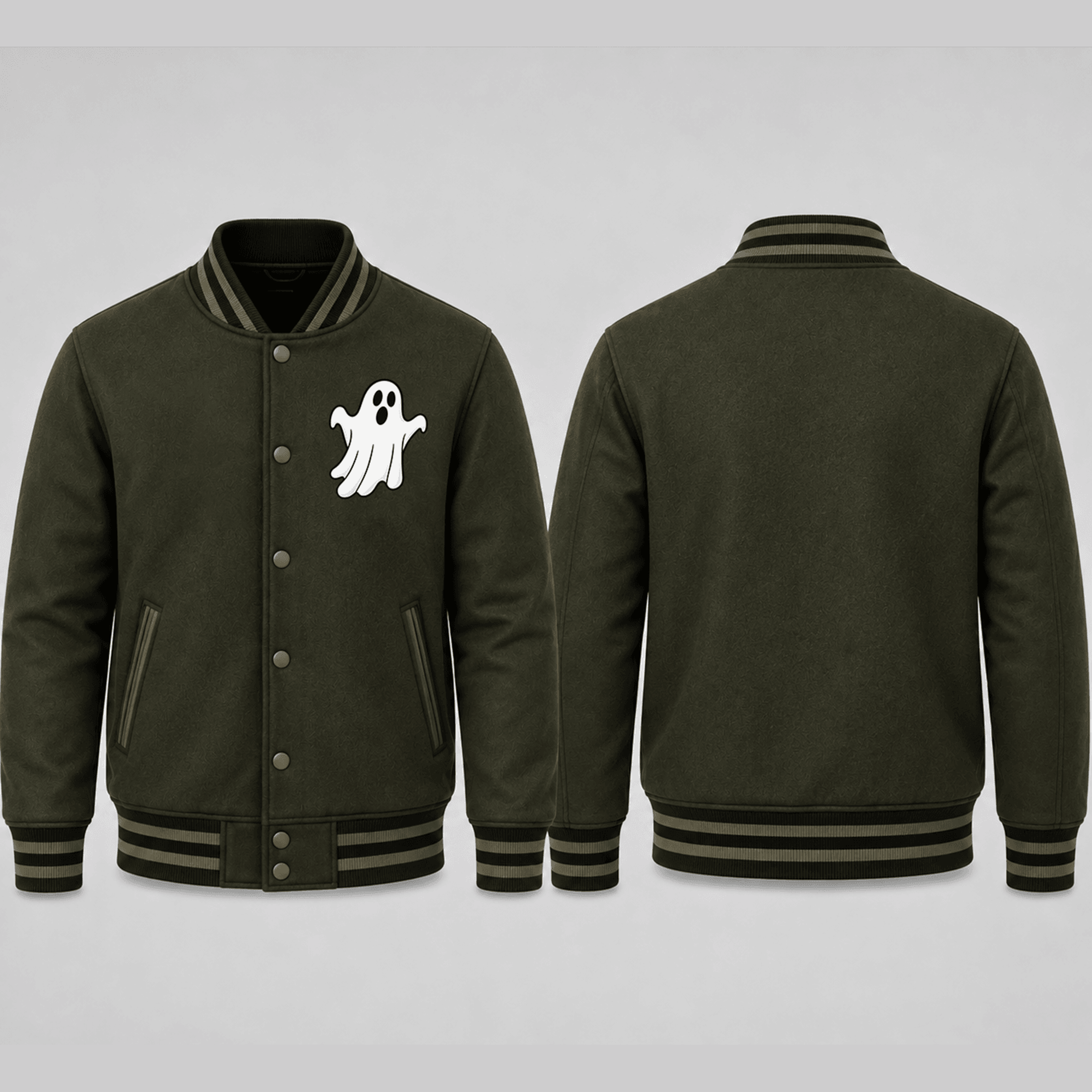 unisex cute ghost halloween varsity jacket, minimal spooky ghost printed adult olive green fall jacket