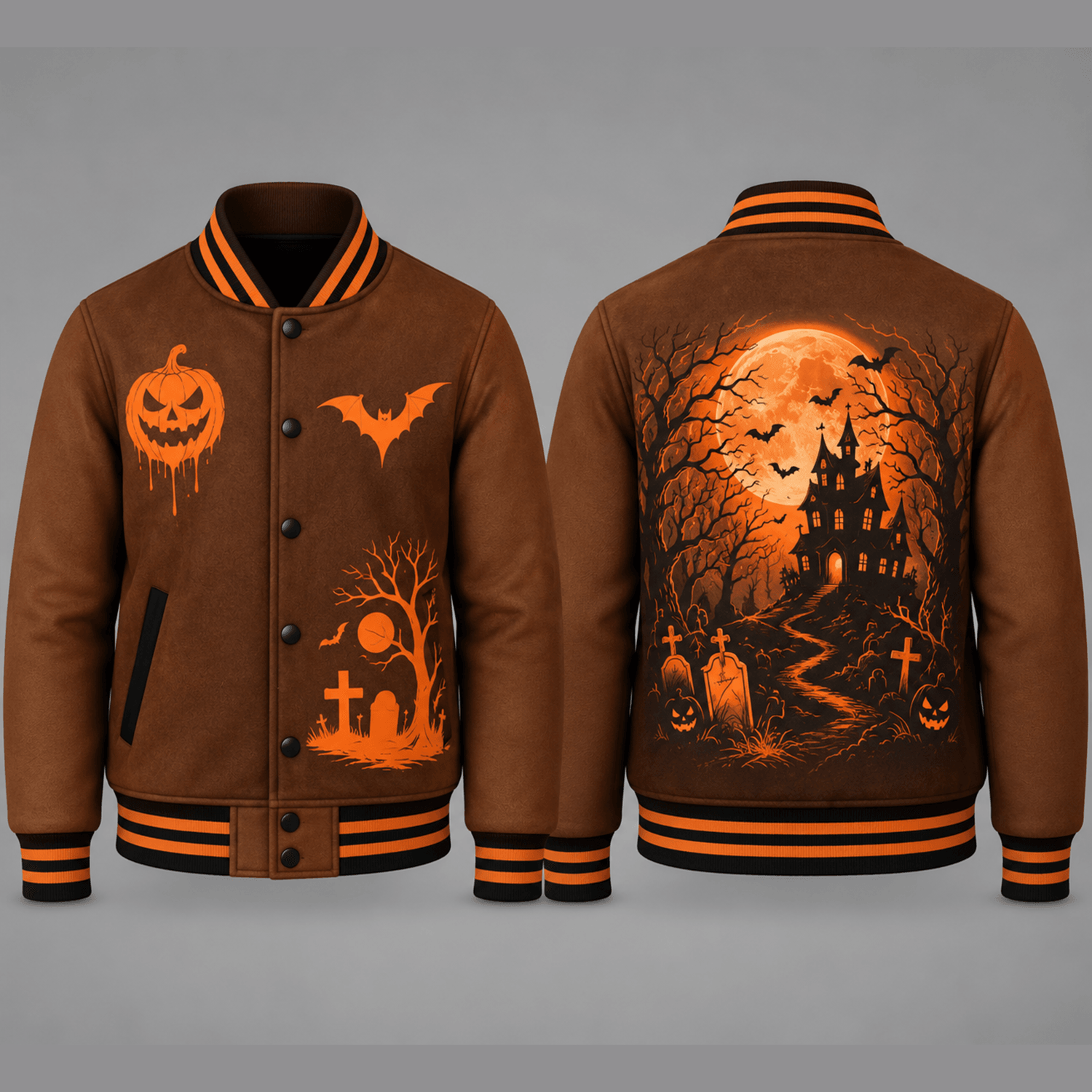 unisex haunted house halloween varsity jacket, pumpkin bat graveyard printed adult brown spooky fall jacket