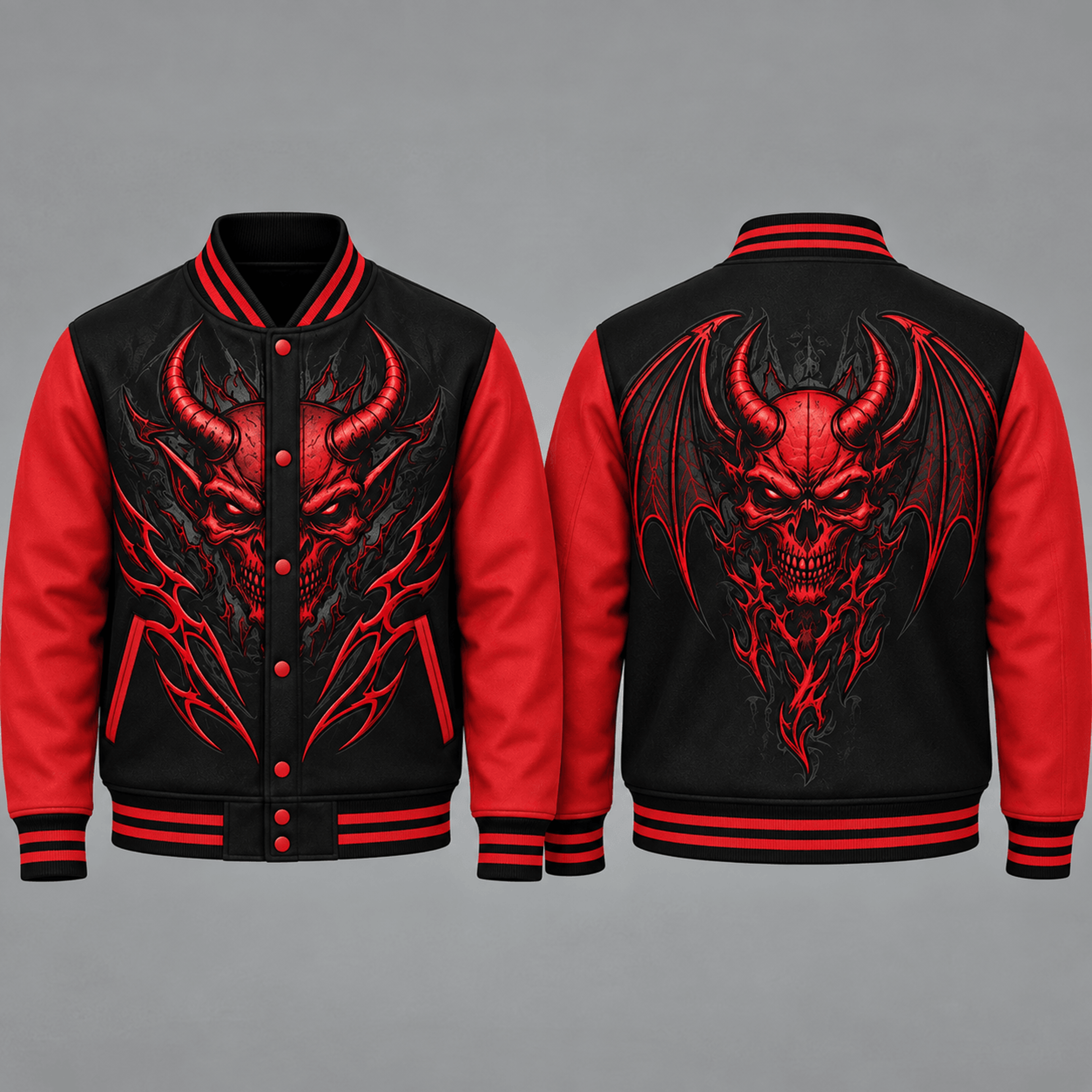 unisex red demon varsity jacket, winged devil skull printed adult gothic halloween jacket, dark horror streetwear