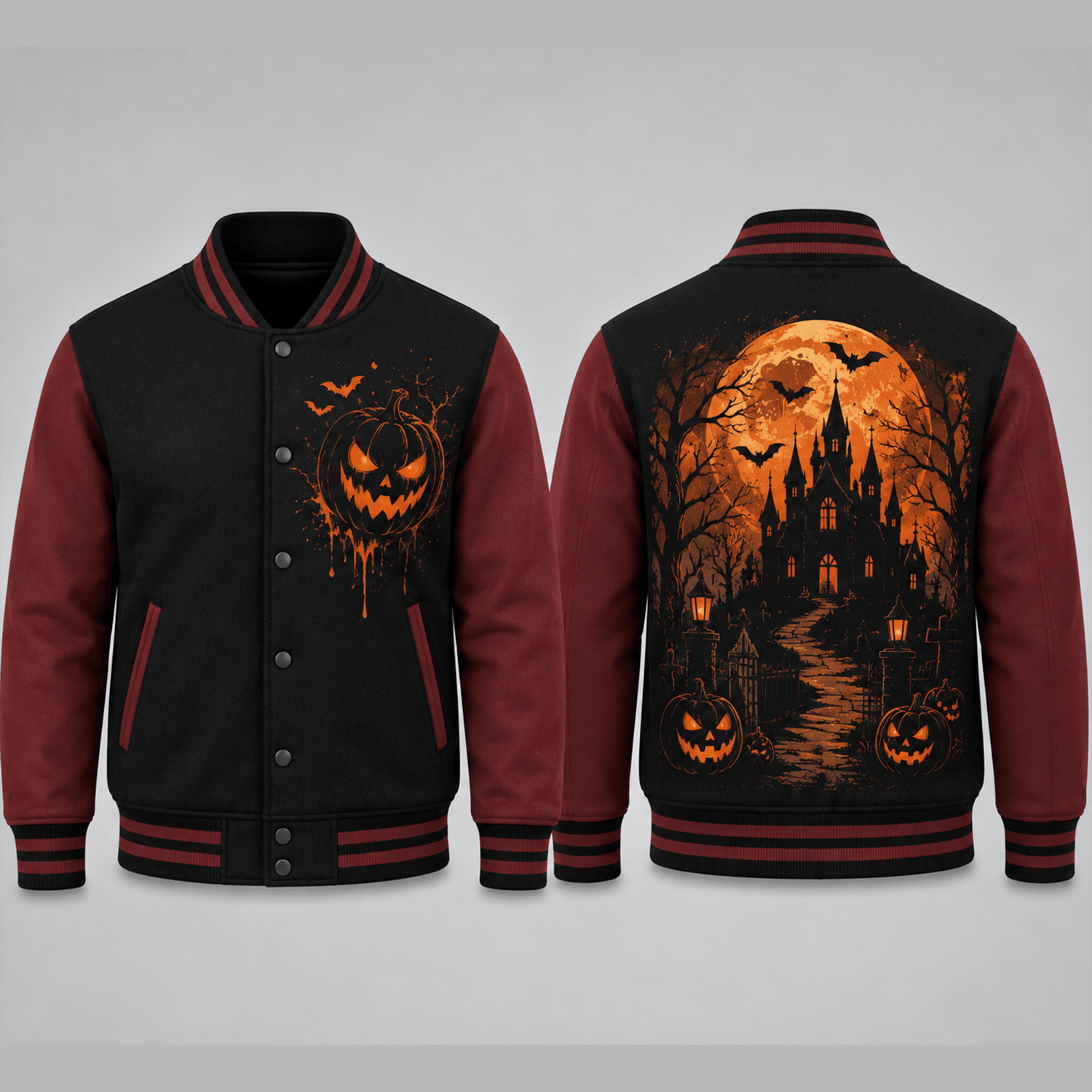unisex halloween haunted house varsity jacket, pumpkin moon printed spooky horror jacket, gothic halloween streetwear