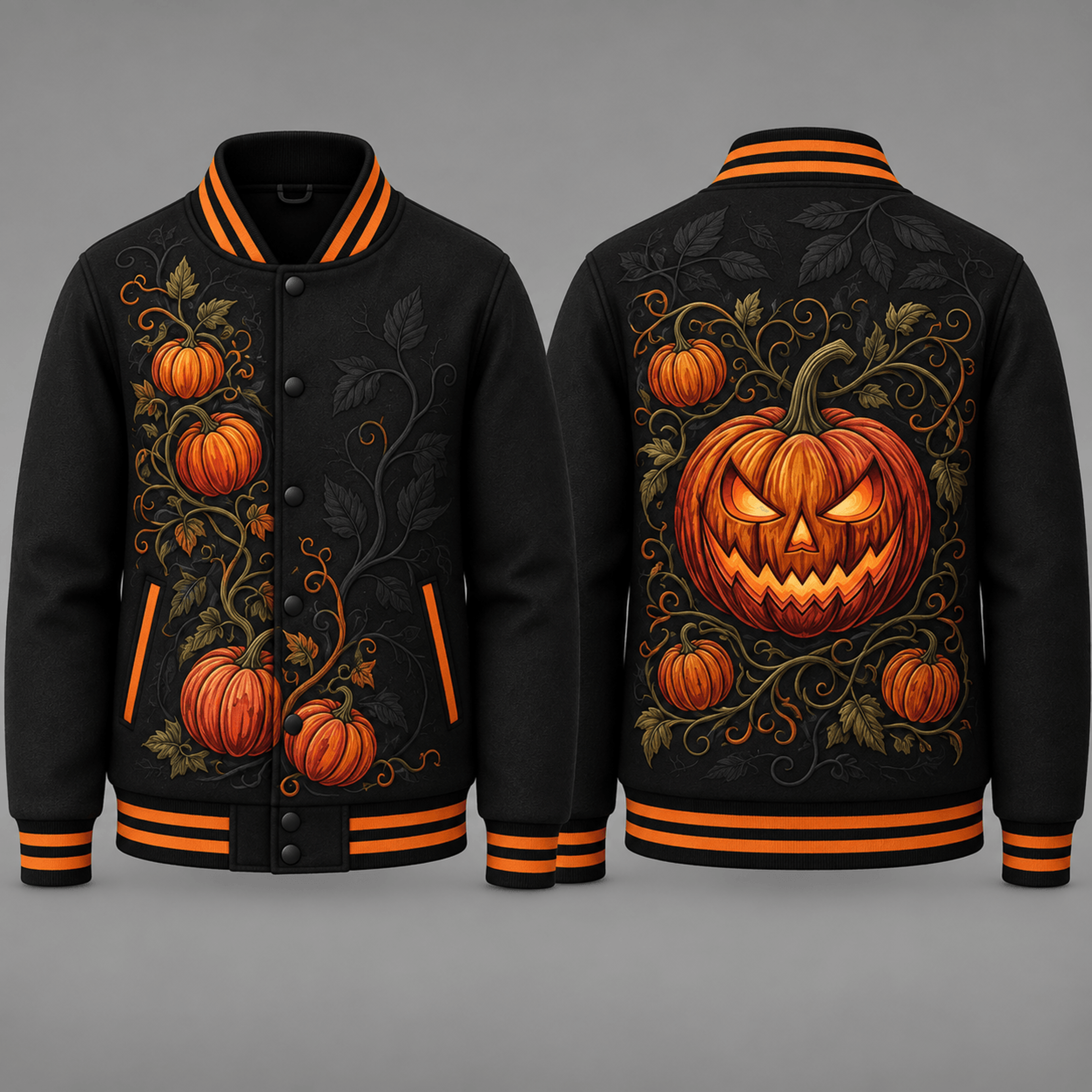 unisex halloween pumpkin varsity jacket, jack o lantern printed gothic jacket, spooky autumn pumpkin vine streetwear