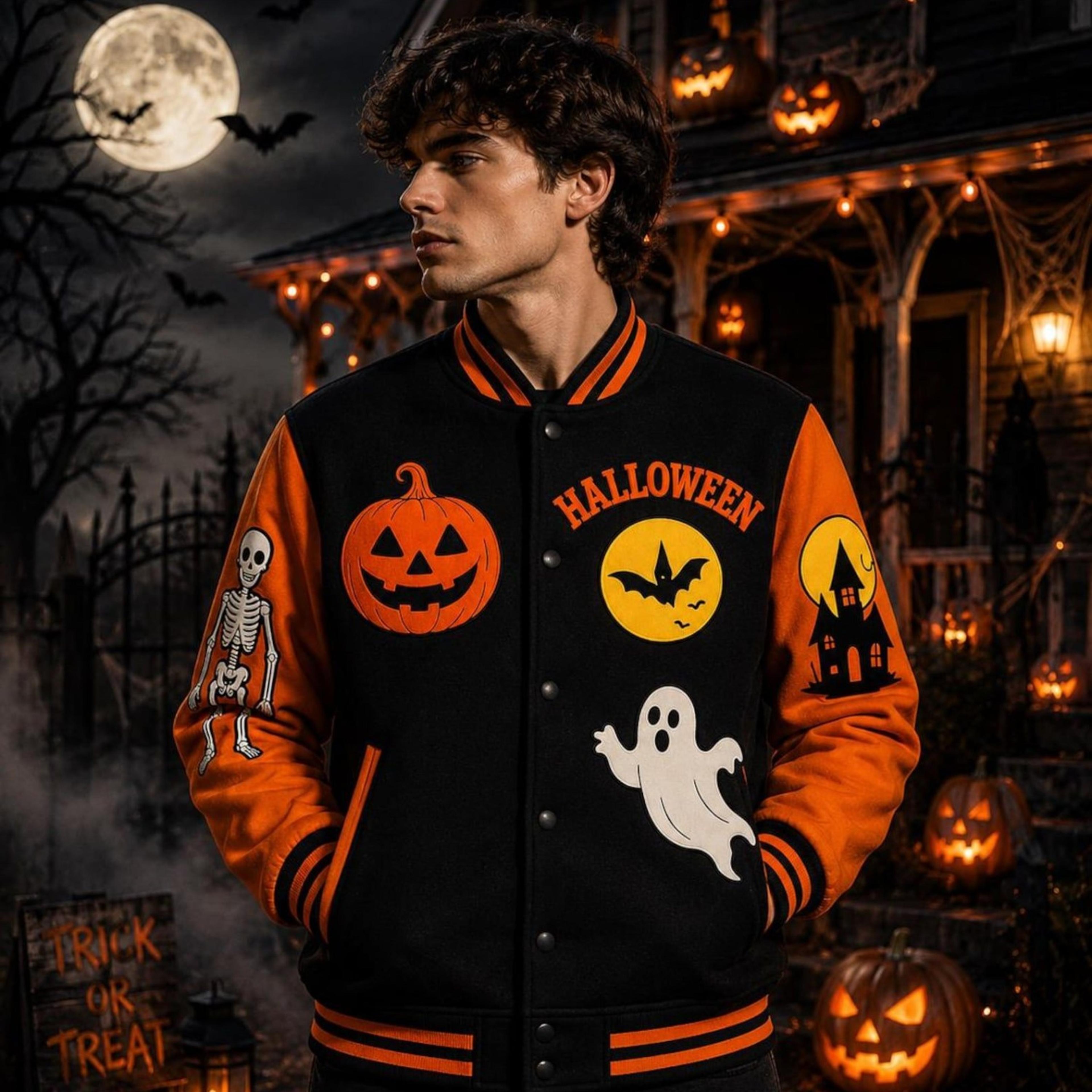 unisex halloween varsity jacket, pumpkin ghost skeleton printed jacket, spooky orange black halloween streetwear
