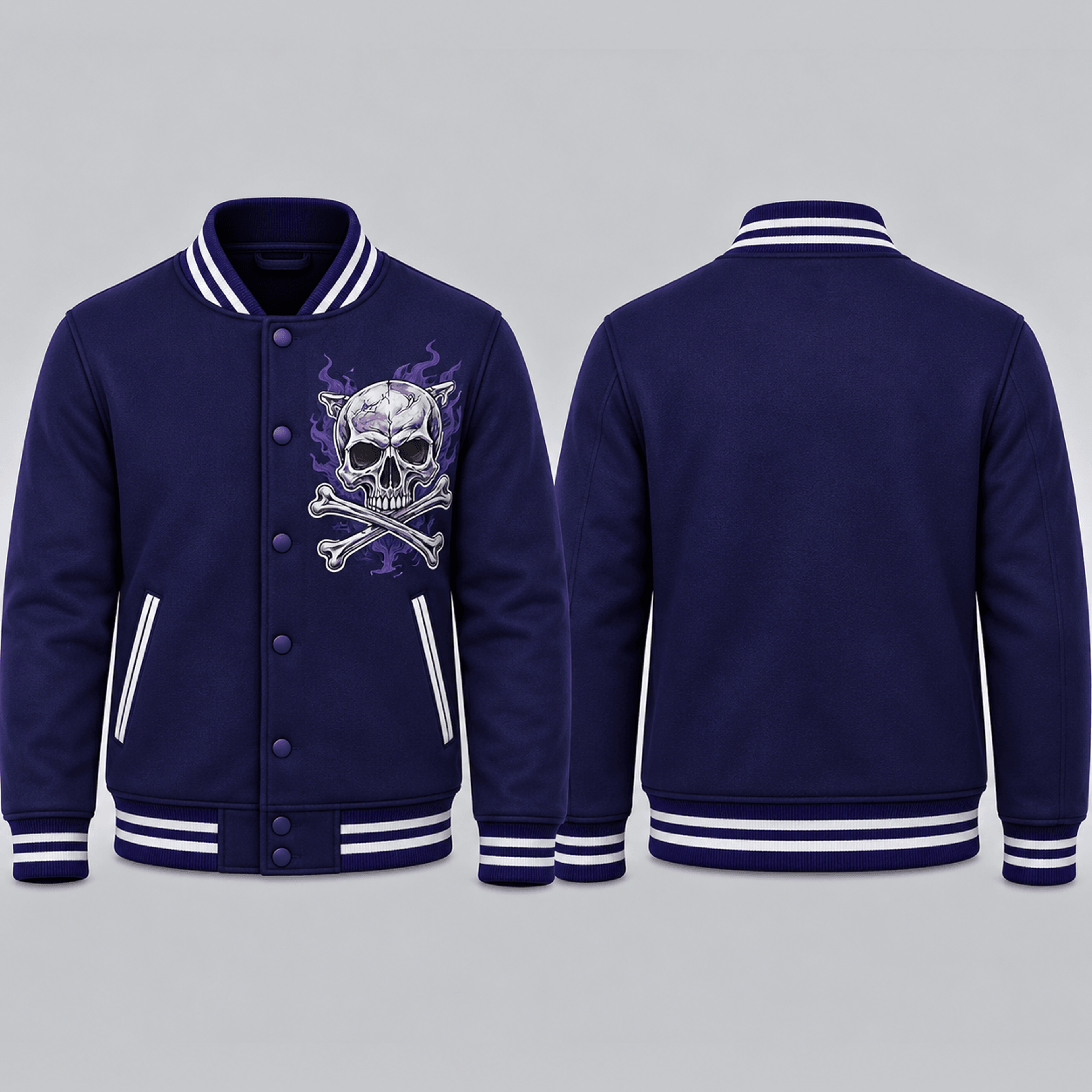 unisex halloween skull varsity jacket, skull crossbones printed jacket, purple gothic spooky halloween streetwear