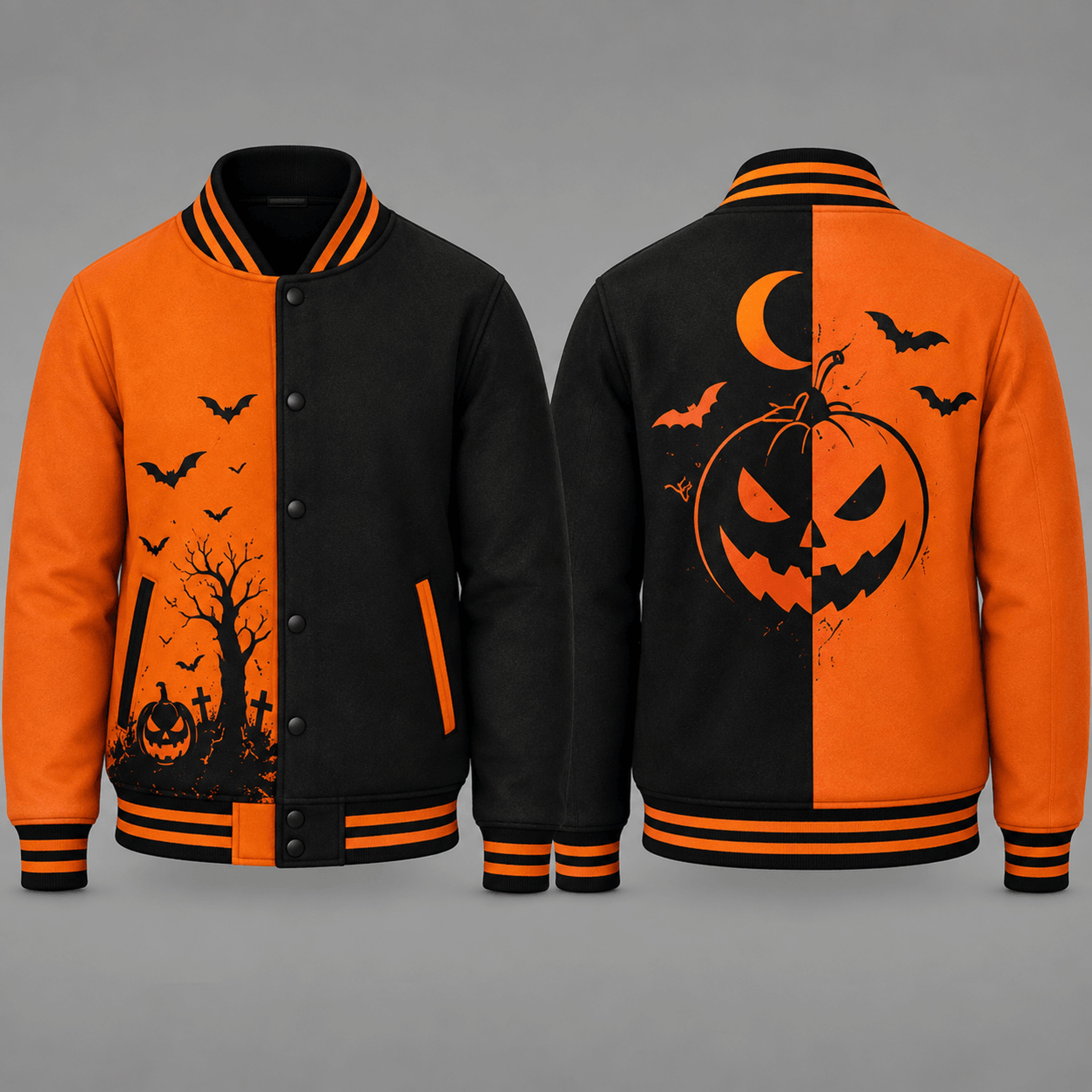 unisex halloween pumpkin varsity jacket, jack o lantern bat printed jacket, orange black spooky halloween streetwear