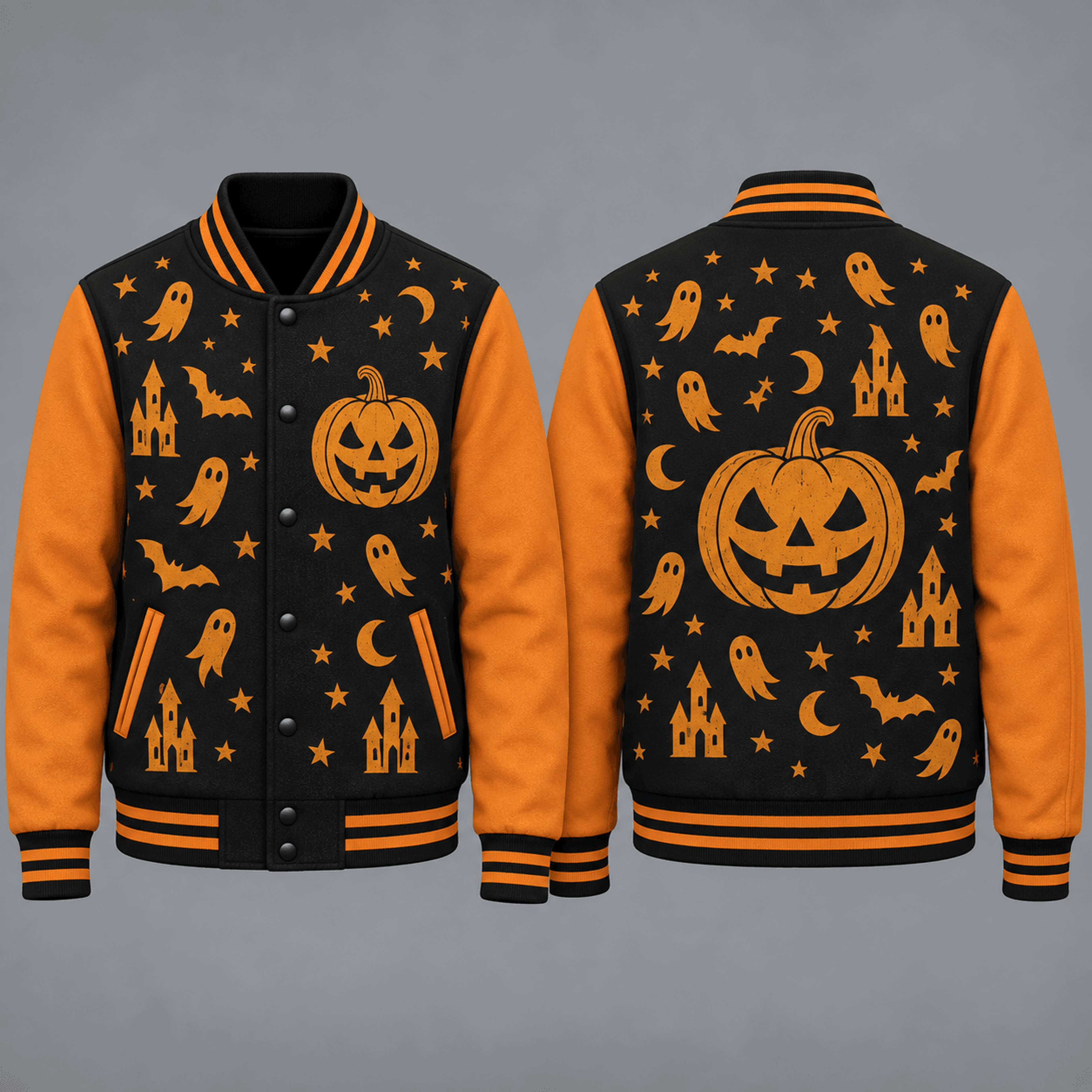 halloween pumpkin unisex varsity jacket, ghost bat haunted castle printed jacket, spooky jack o lantern streetwear