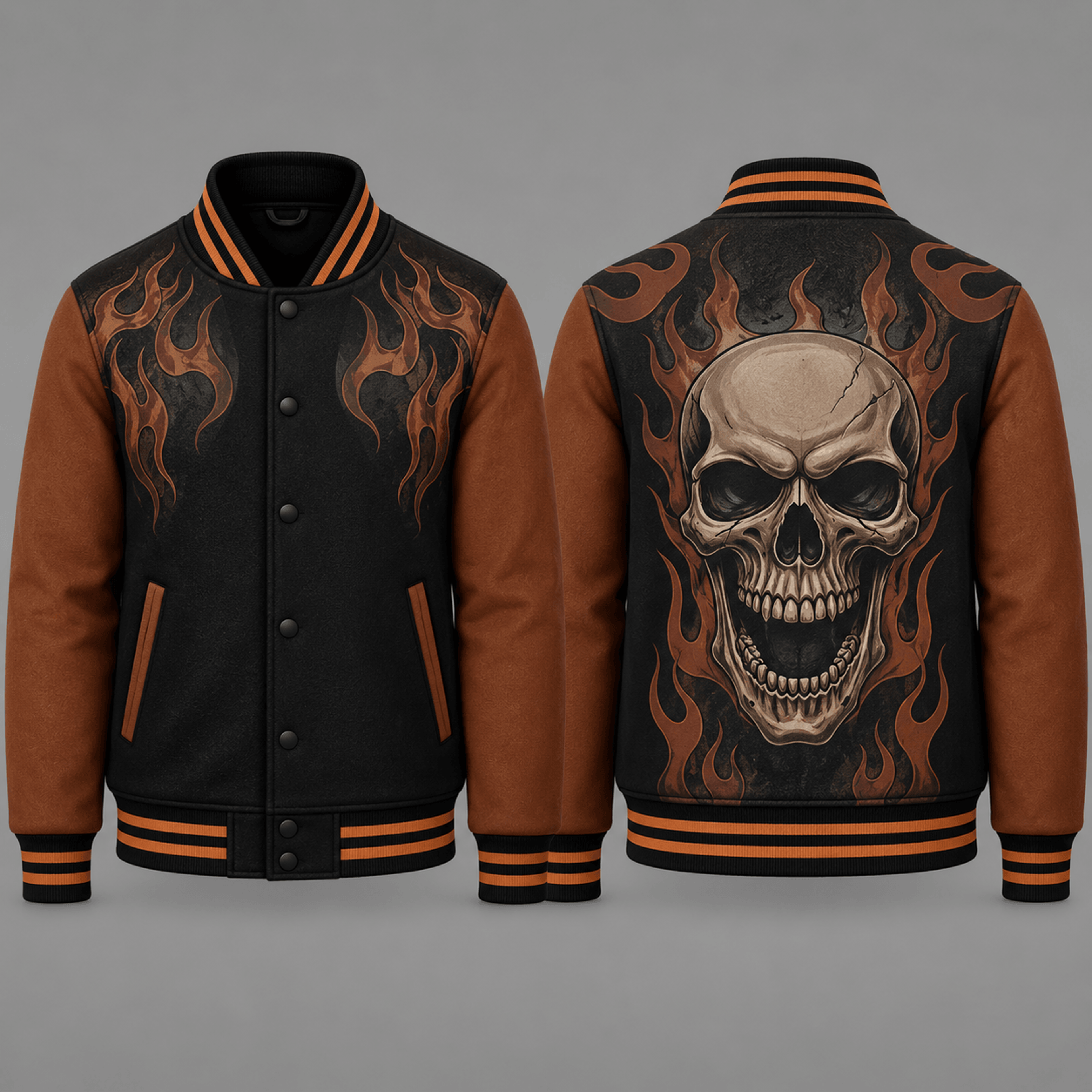 halloween flaming skull unisex varsity jacket, gothic horror skull printed jacket, spooky fire skull streetwear
