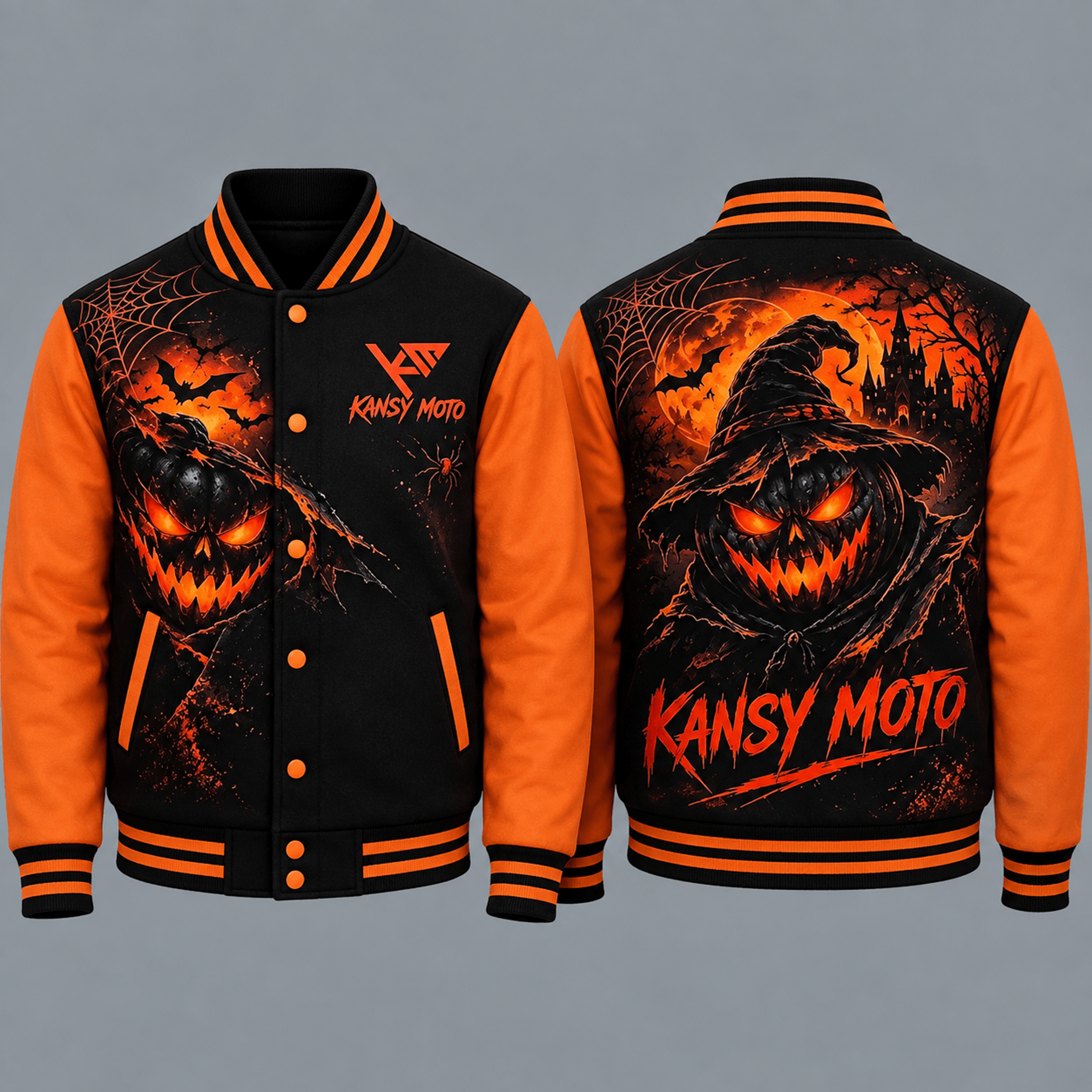 halloween evil pumpkin unisex varsity jacket, scary witch jack o lantern printed jacket, haunted horror streetwear