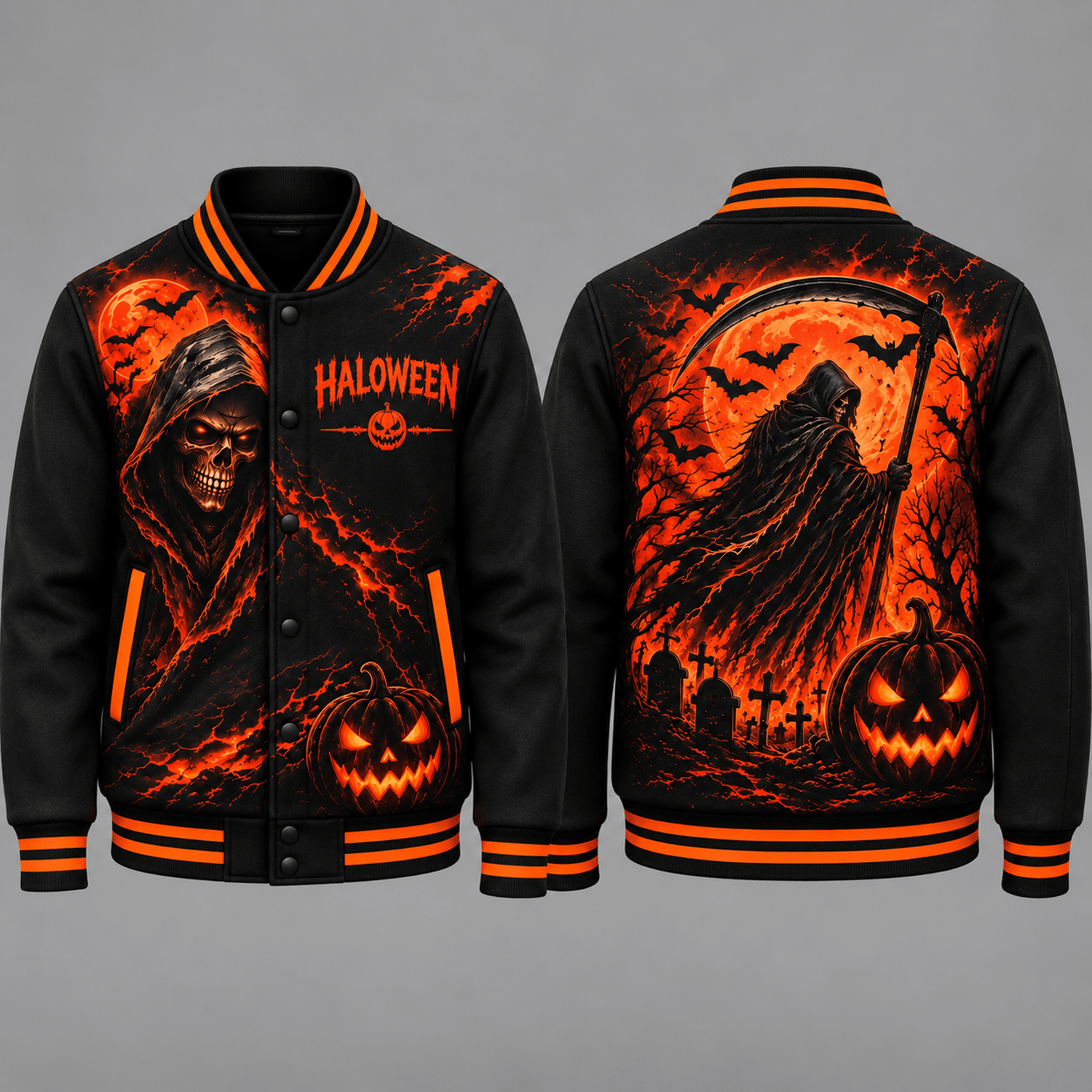 halloween grim reaper unisex varsity jacket, scary skull pumpkin printed jacket, gothic horror halloween streetwear