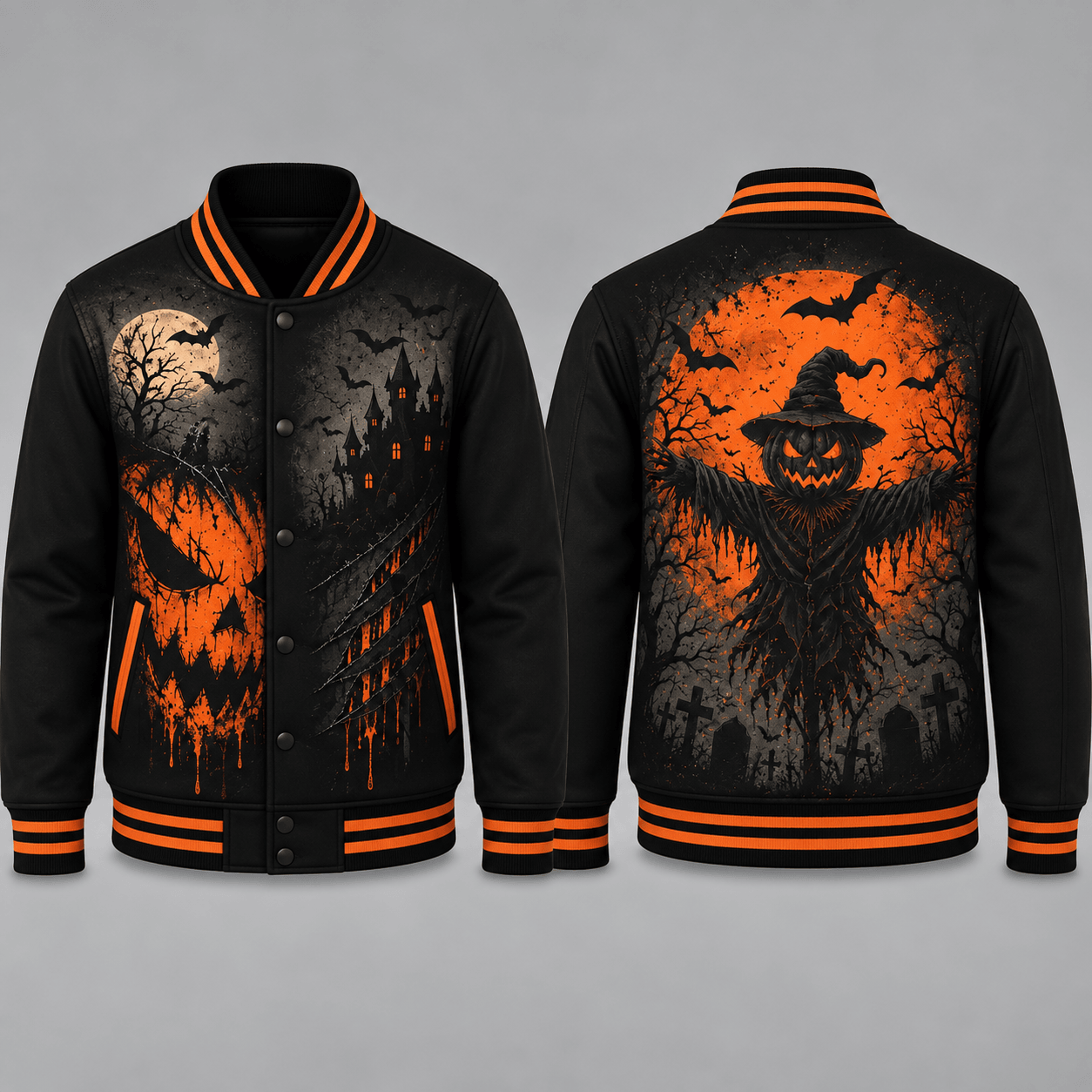 halloween scarecrow unisex varsity jacket, haunted pumpkin horror printed jacket, spooky gothic halloween streetwear