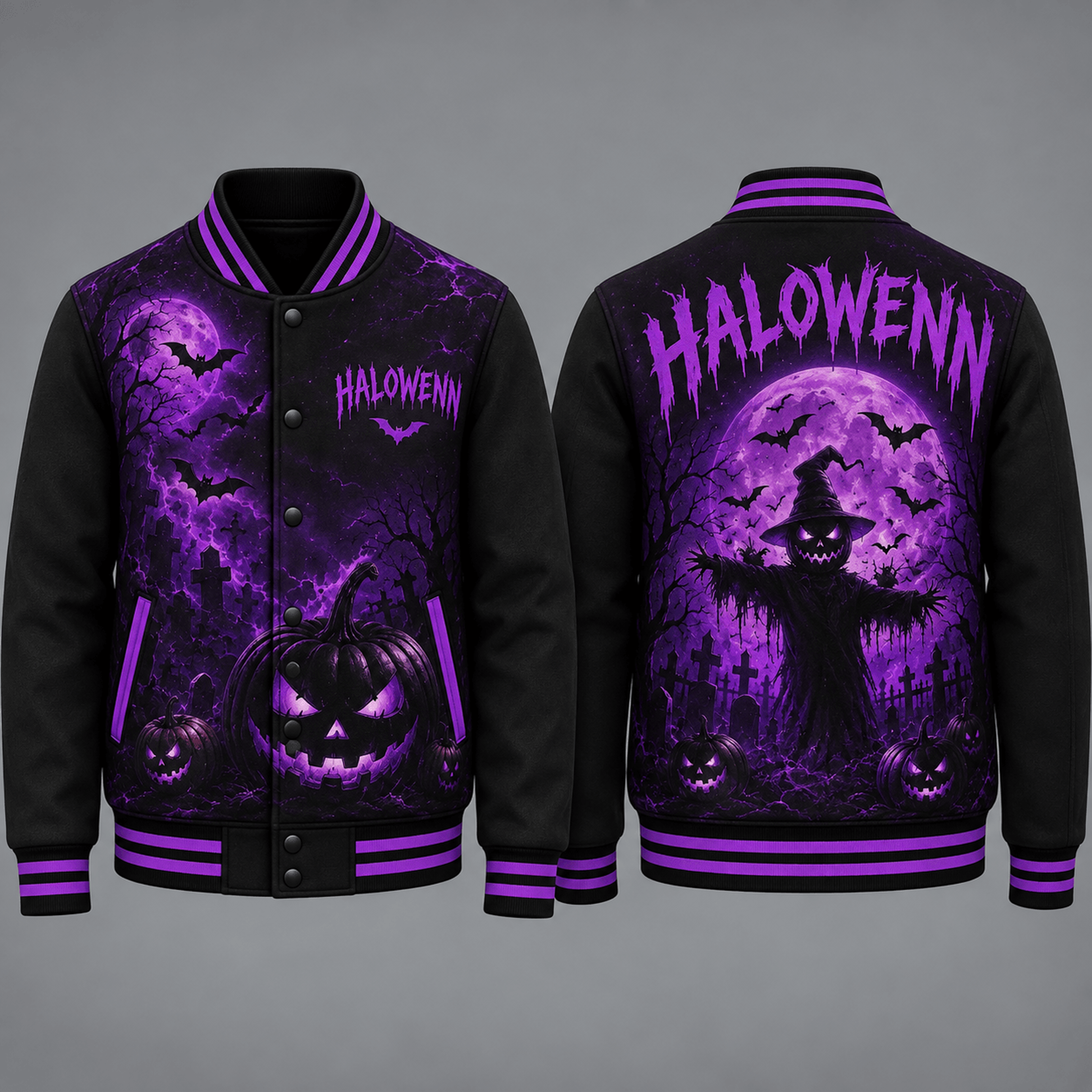 halloween scarecrow unisex varsity jacket, purple pumpkin graveyard printed jacket, gothic horror halloween streetwear
