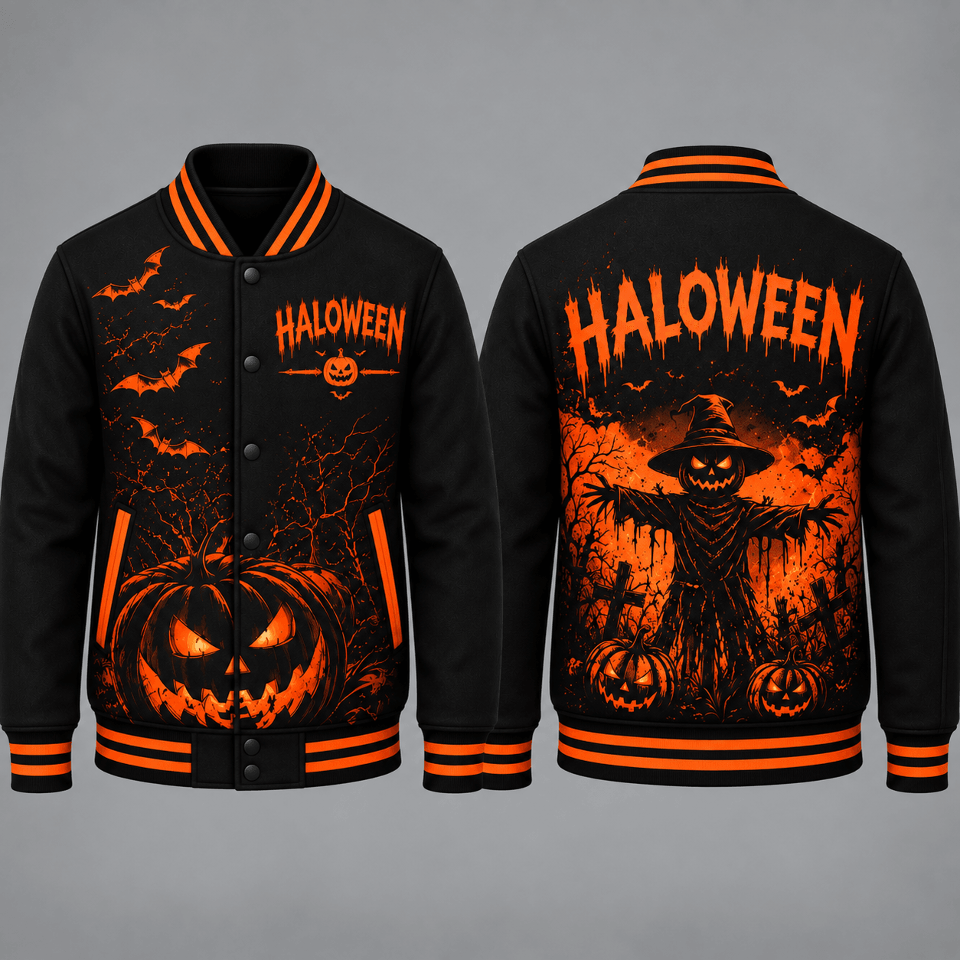 halloween pumpkin scarecrow unisex varsity jacket, spooky jack o lantern printed jacket, gothic horror halloween outfit