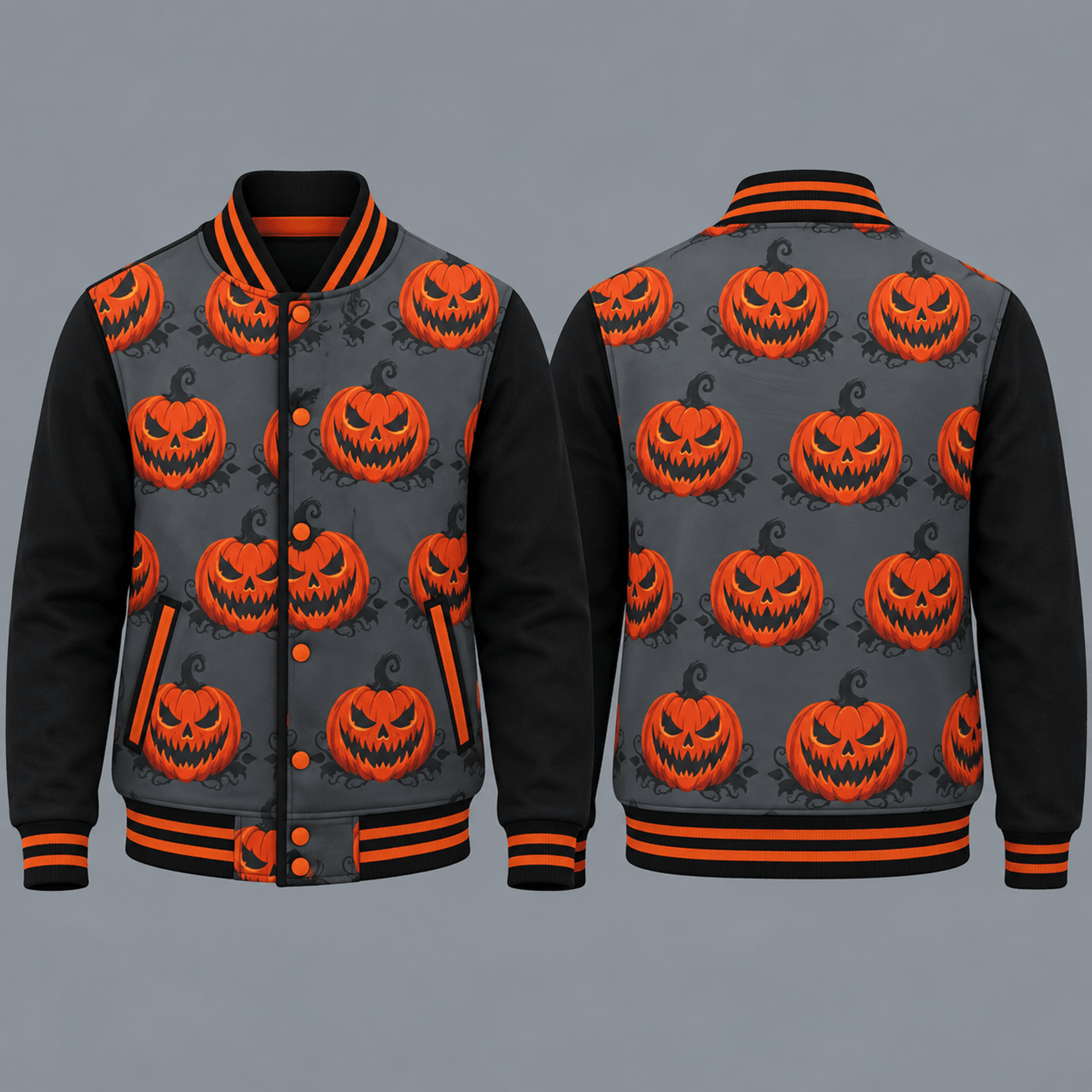 halloween jack o lantern unisex varsity jacket, scary pumpkin printed jacket, spooky horror halloween outfit