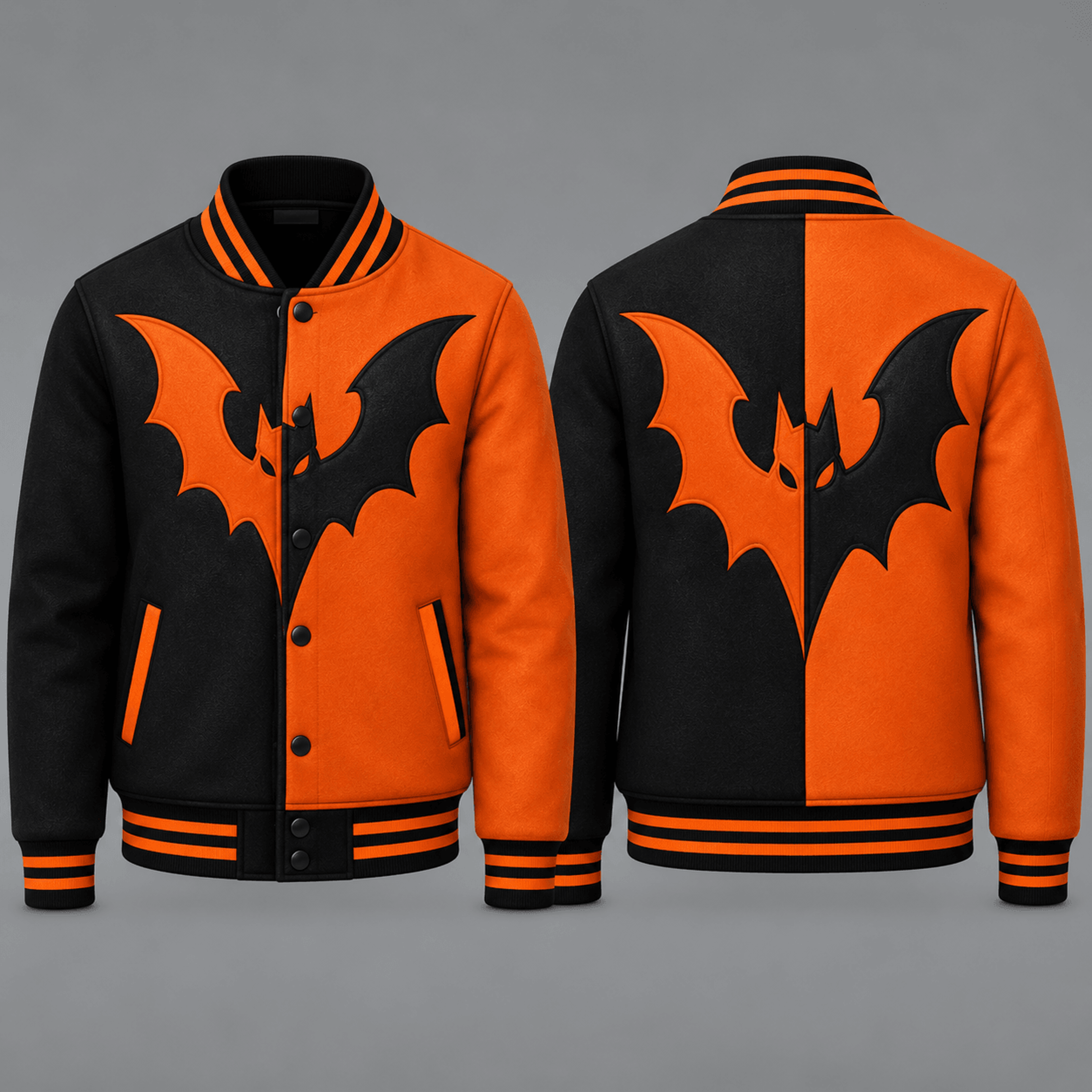 halloween bat unisex varsity jacket, orange black spooky bat printed jacket, gothic halloween costume outfit