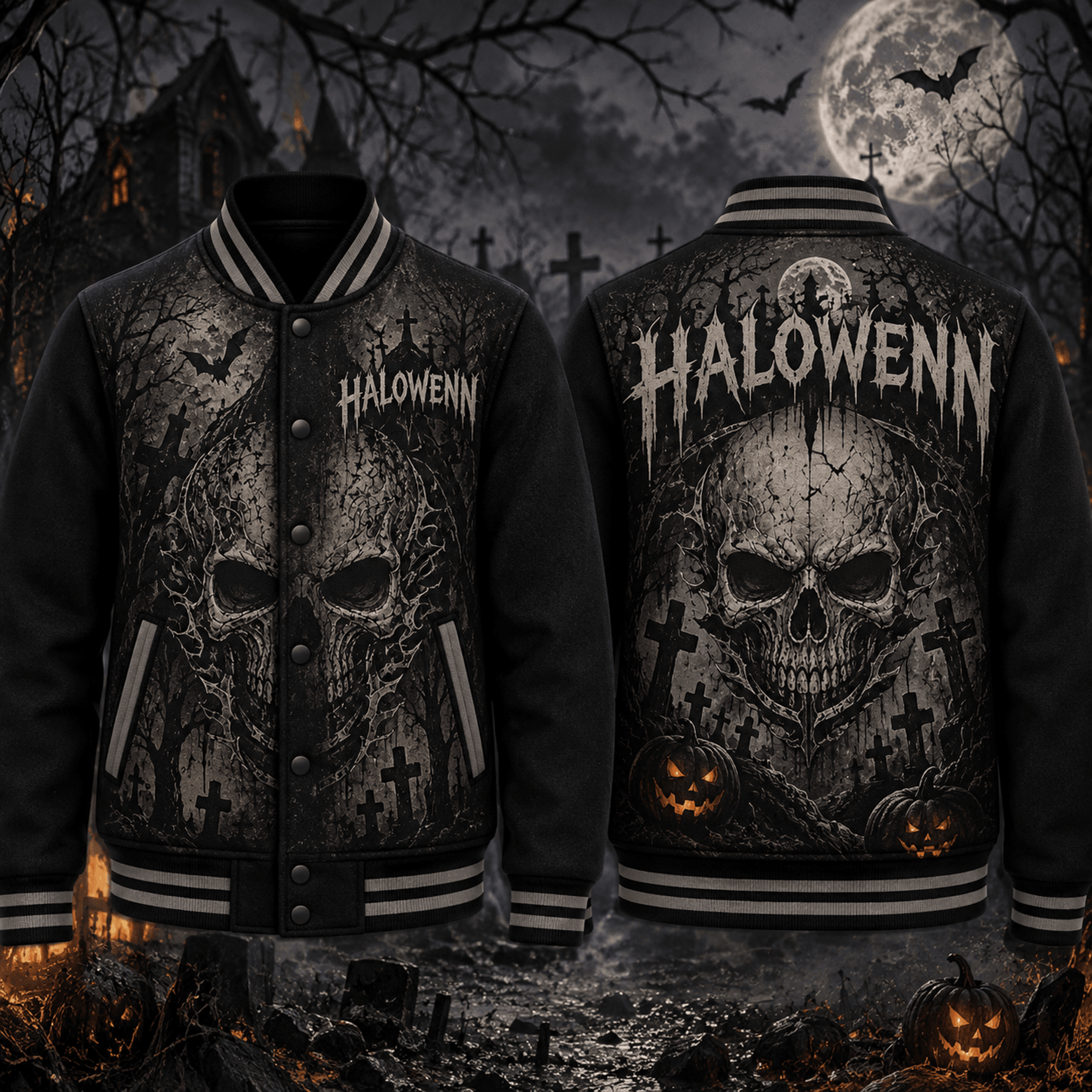 halloween skull unisex varsity jacket, gothic graveyard skull printed jacket, spooky horror halloween outfit
