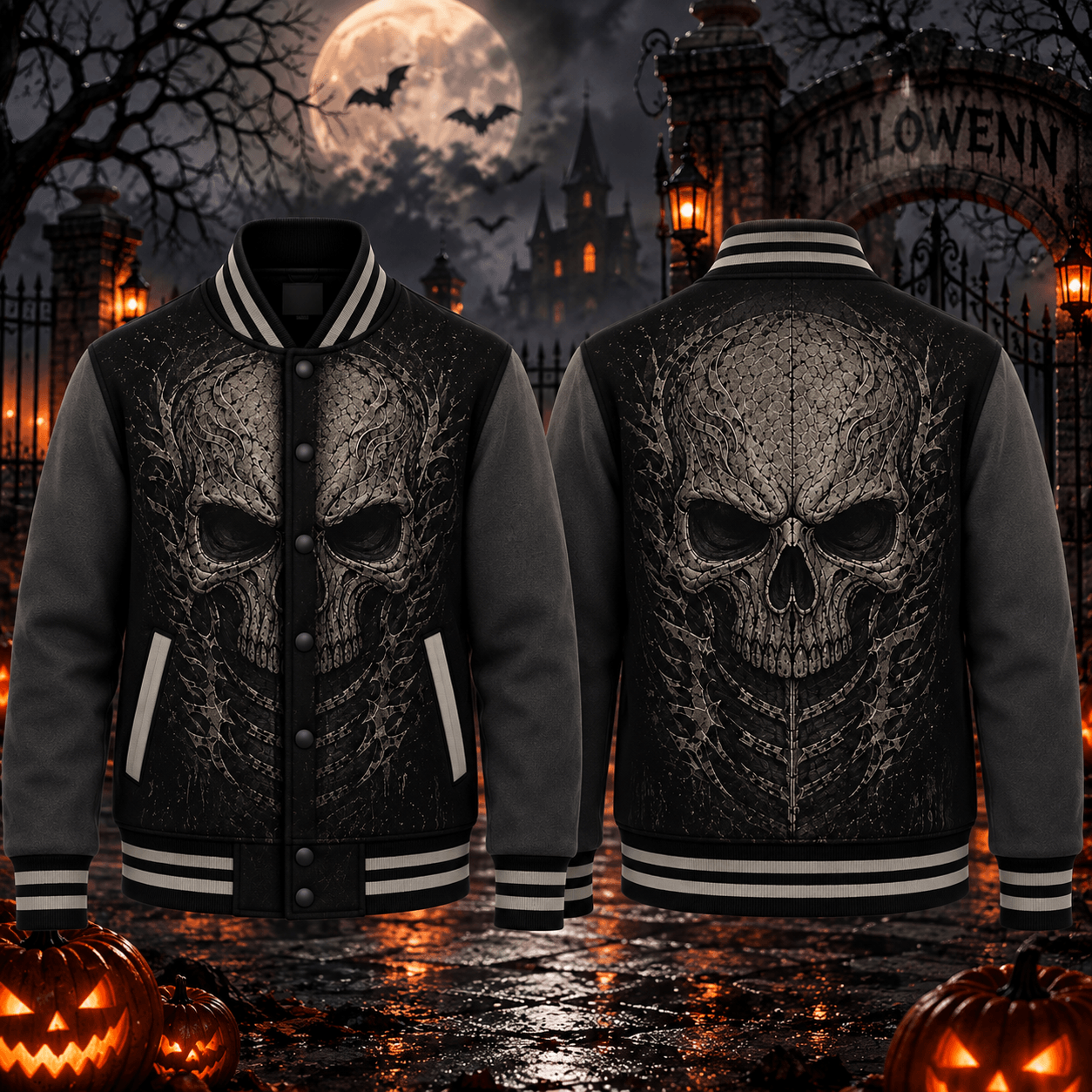 halloween skull unisex varsity jacket, dark gothic skeleton printed jacket, spooky horror skull halloween outfit