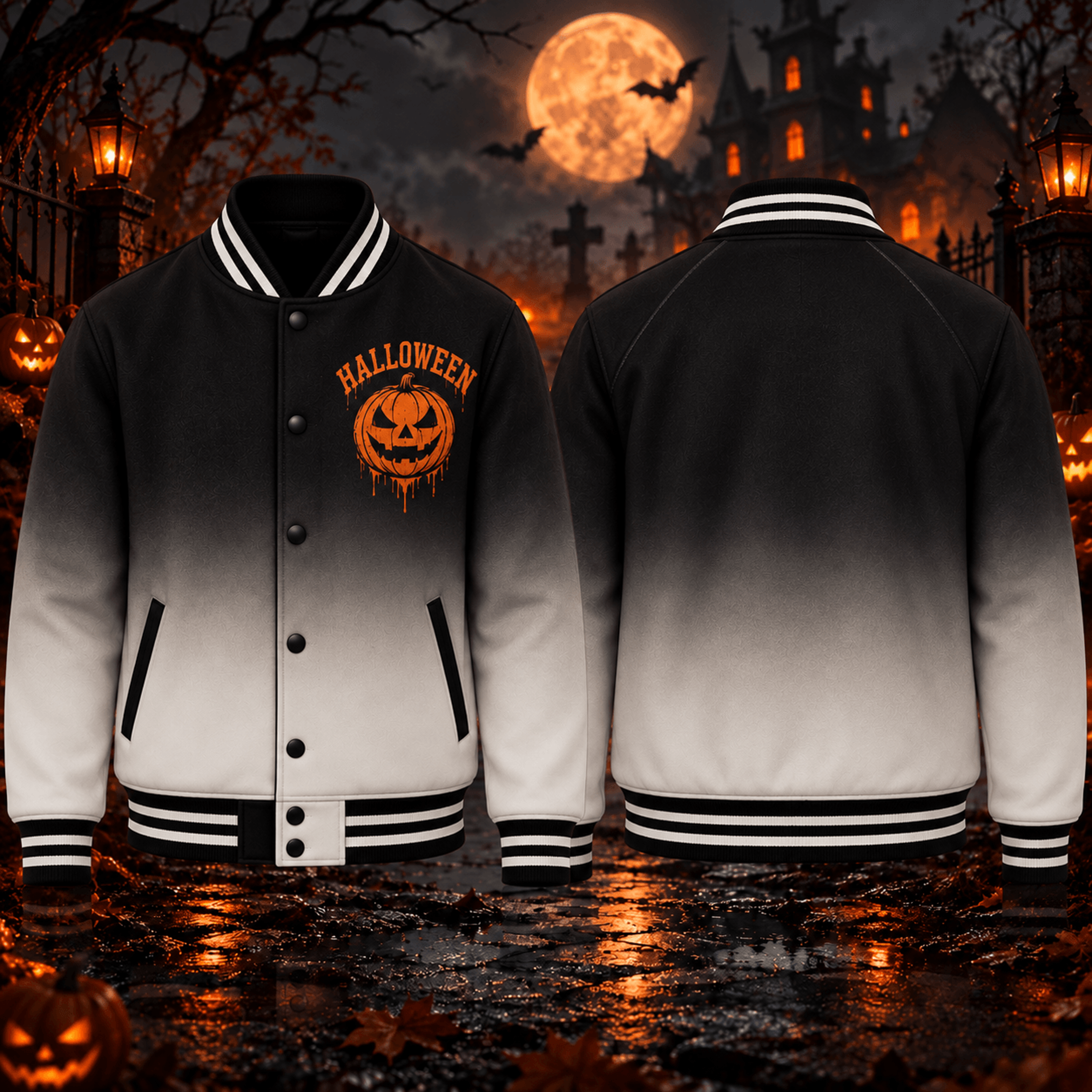 halloween pumpkin unisex varsity jacket, jack o lantern printed black white ombre jacket, spooky october outfit