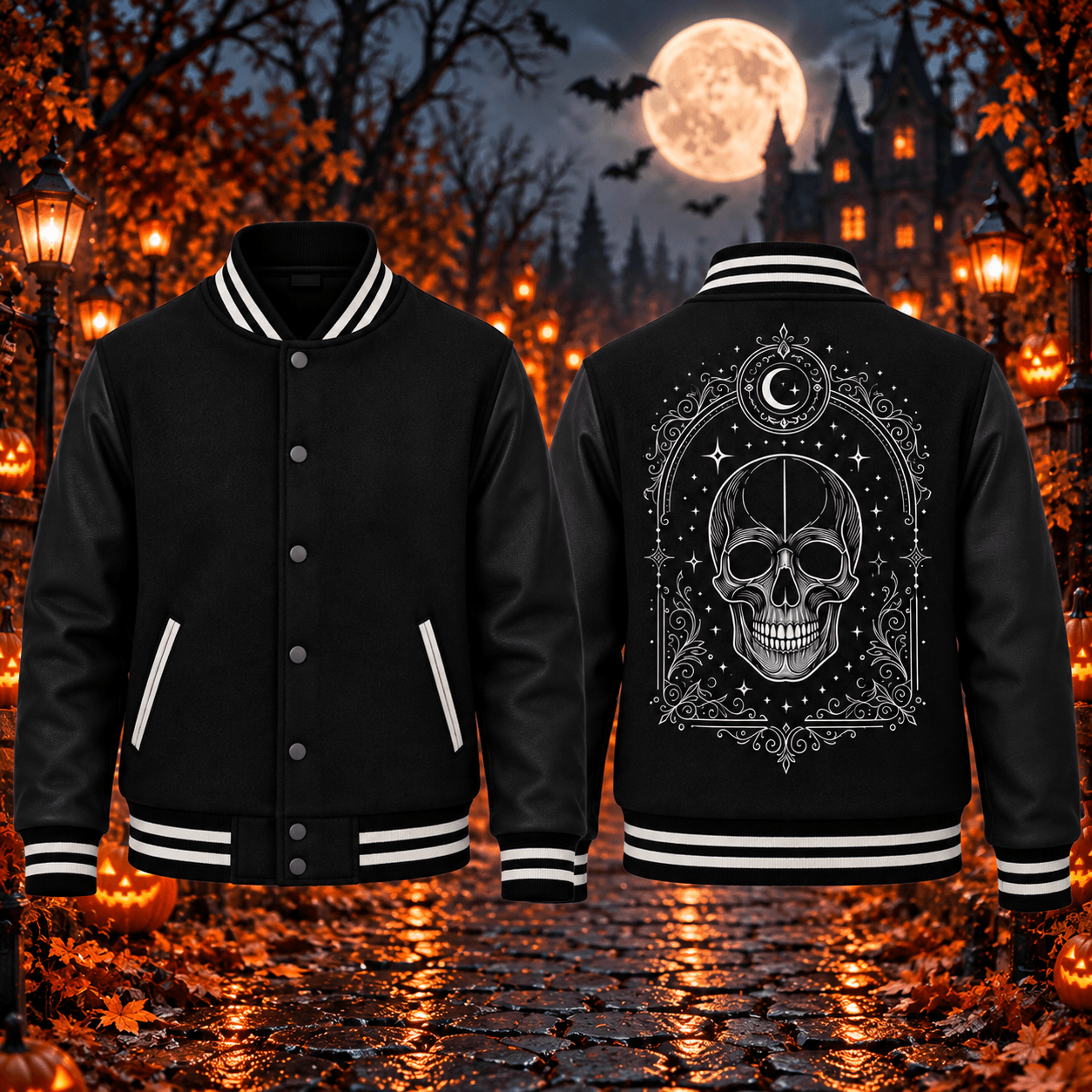 halloween skull moon unisex varsity jacket, gothic celestial skull printed jacket, spooky black halloween outfit