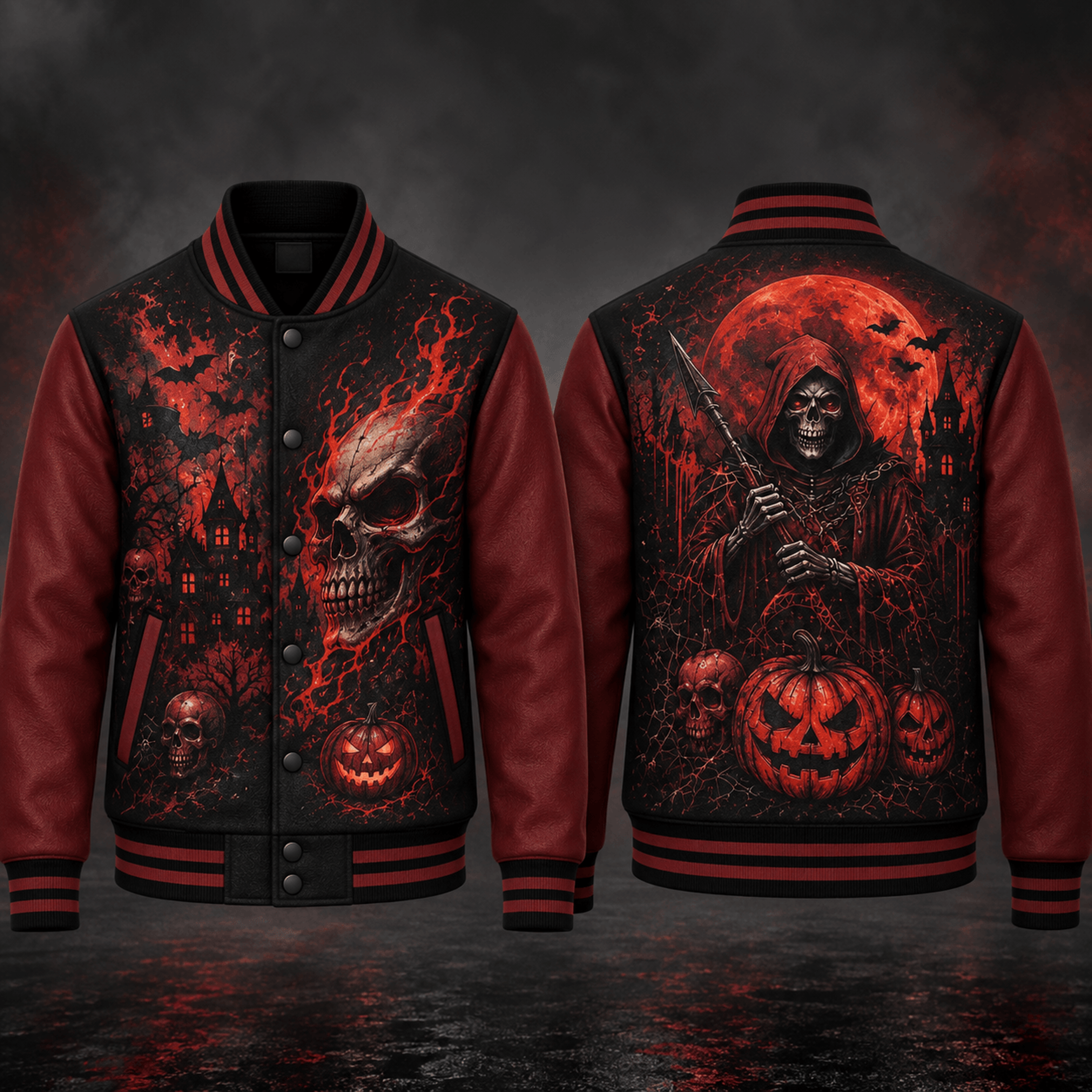 grim reaper red moon unisex varsity jacket, flaming skull pumpkin halloween printed jacket, gothic horror outfit