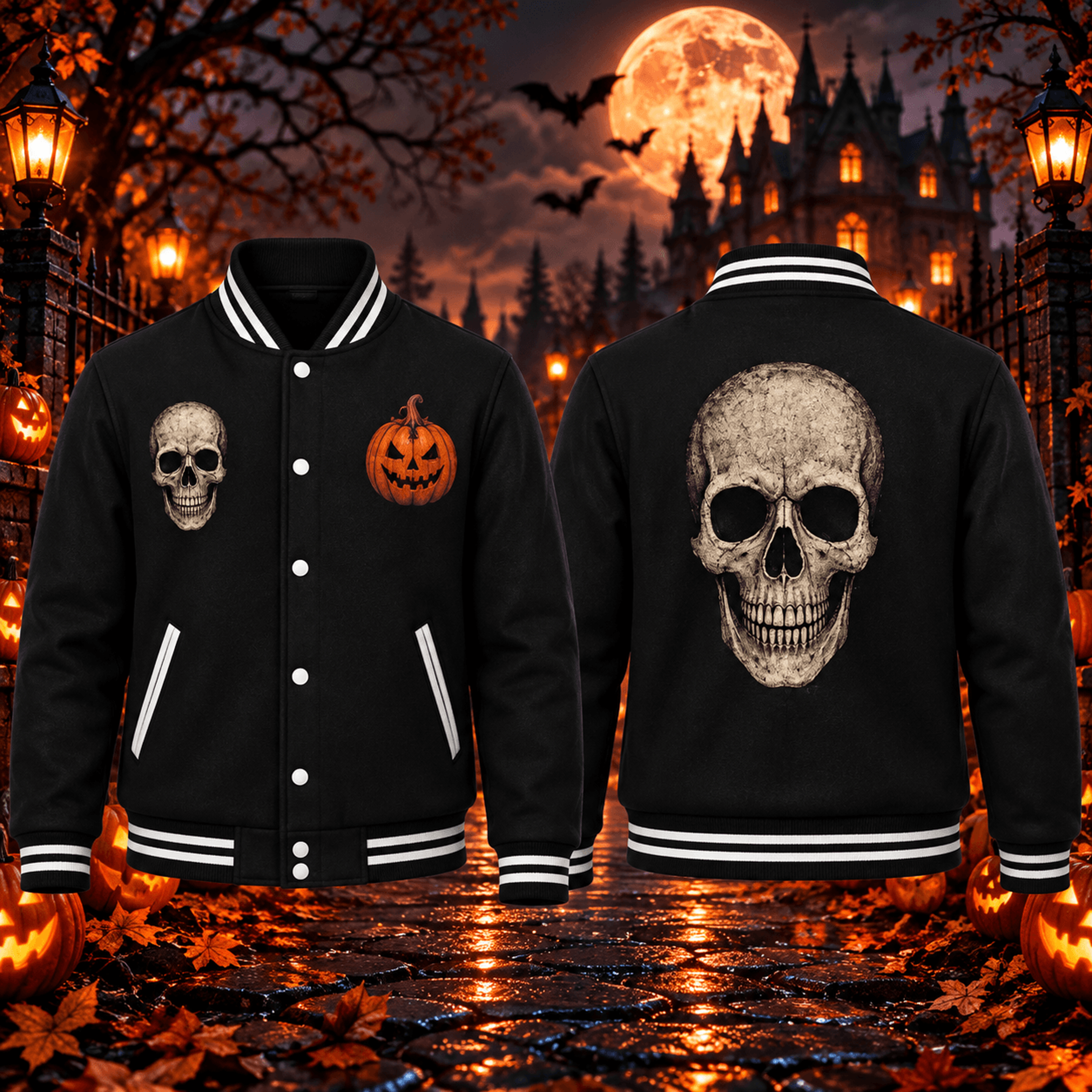 skull pumpkin unisex varsity jacket, halloween skeleton printed jacket, jack o lantern gothic horror spooky outfit