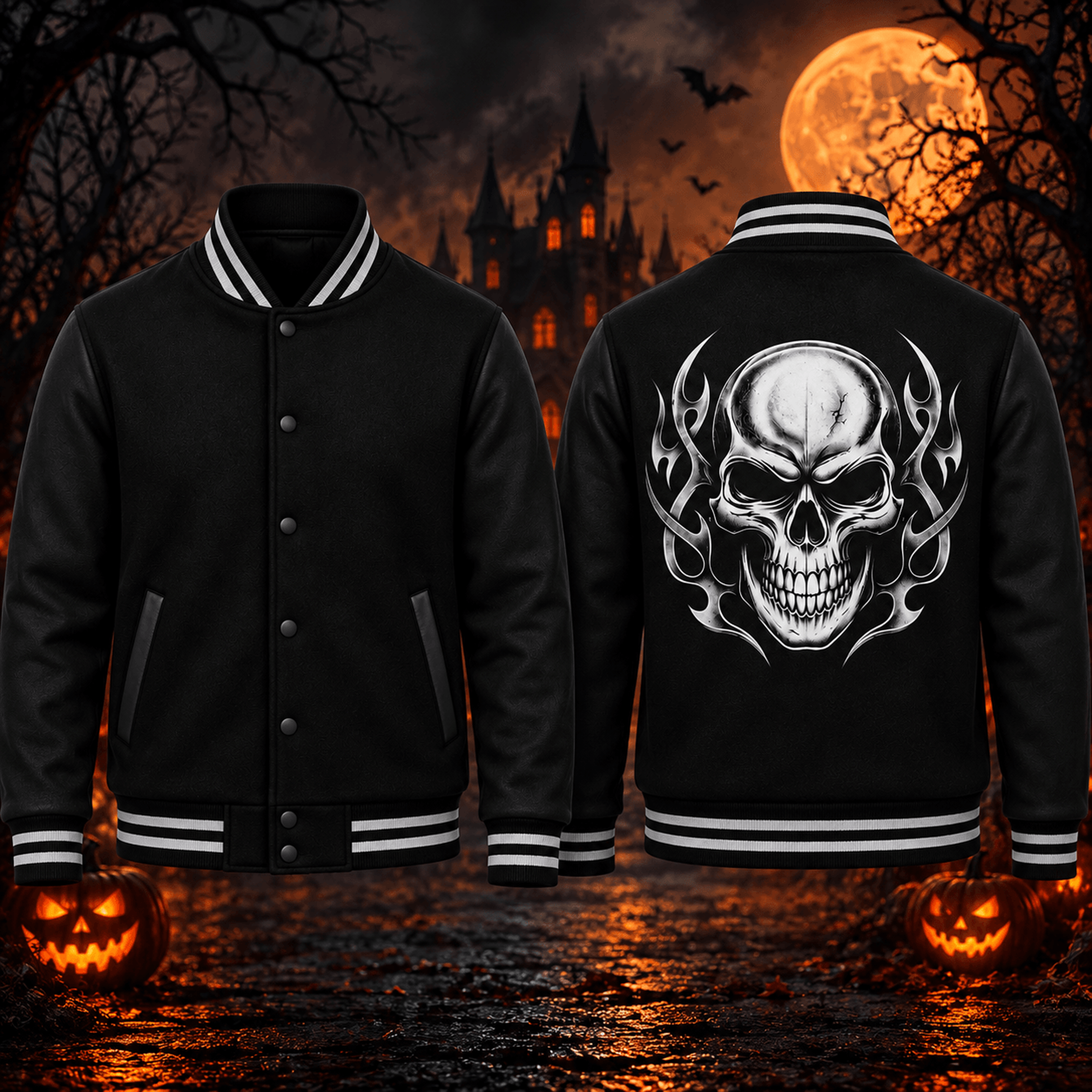 silver skull unisex varsity jacket, gothic halloween printed jacket, tribal skull back graphic, black spooky outerwear