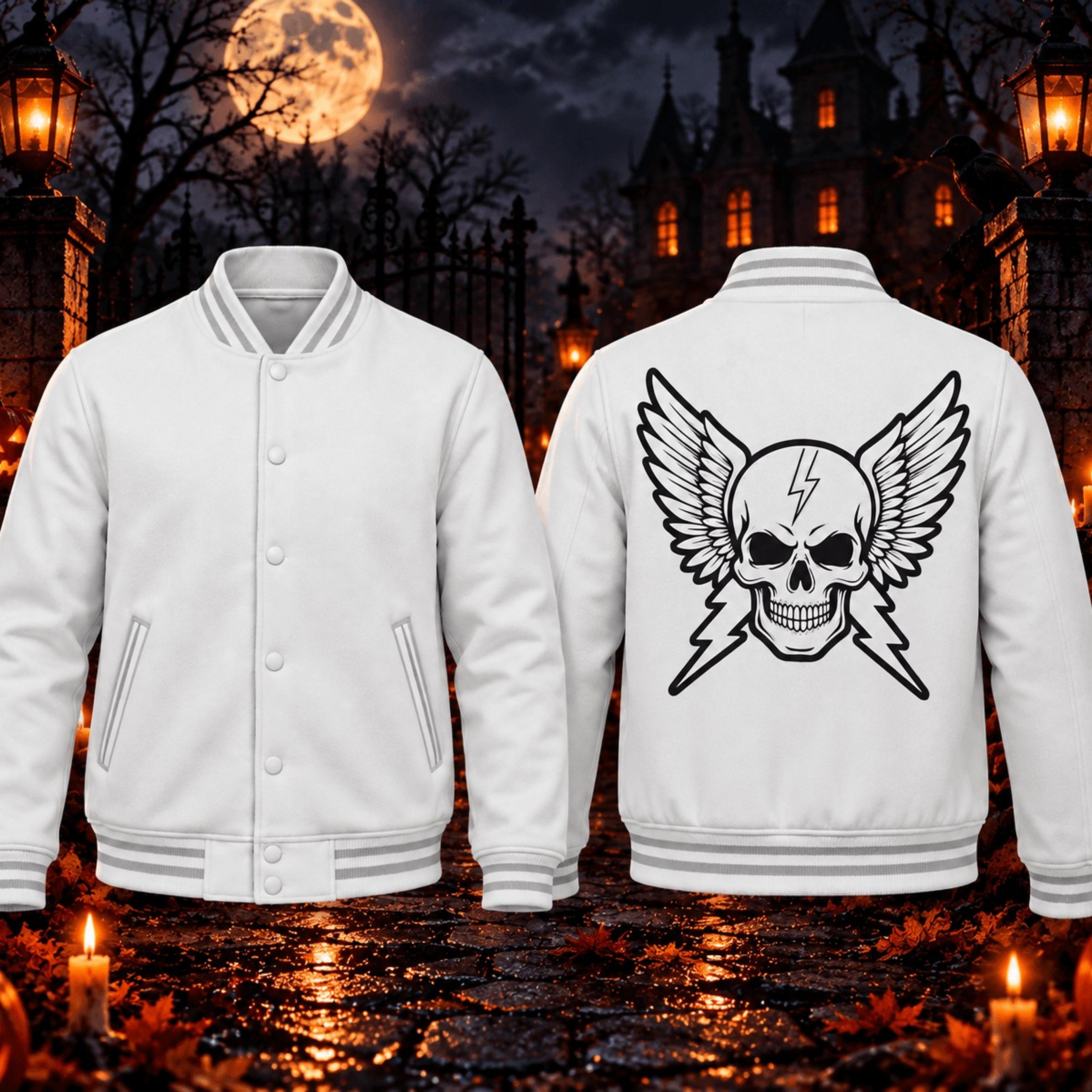 halloween winged skull unisex varsity jacket, gothic skull wings printed jacket, horror halloween streetwear