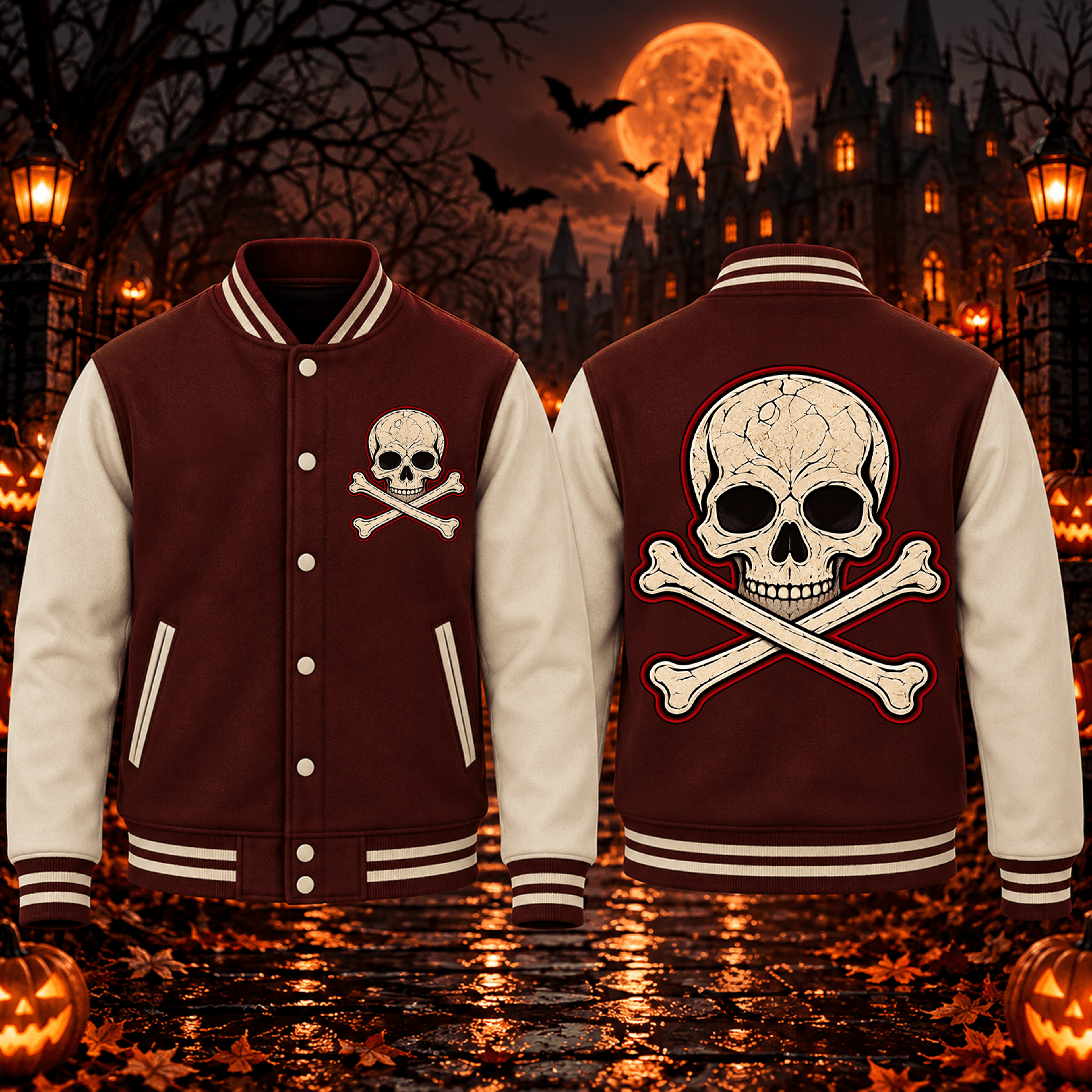 halloween skull and crossbones unisex varsity jacket, gothic skull printed jacket, horror halloween streetwear