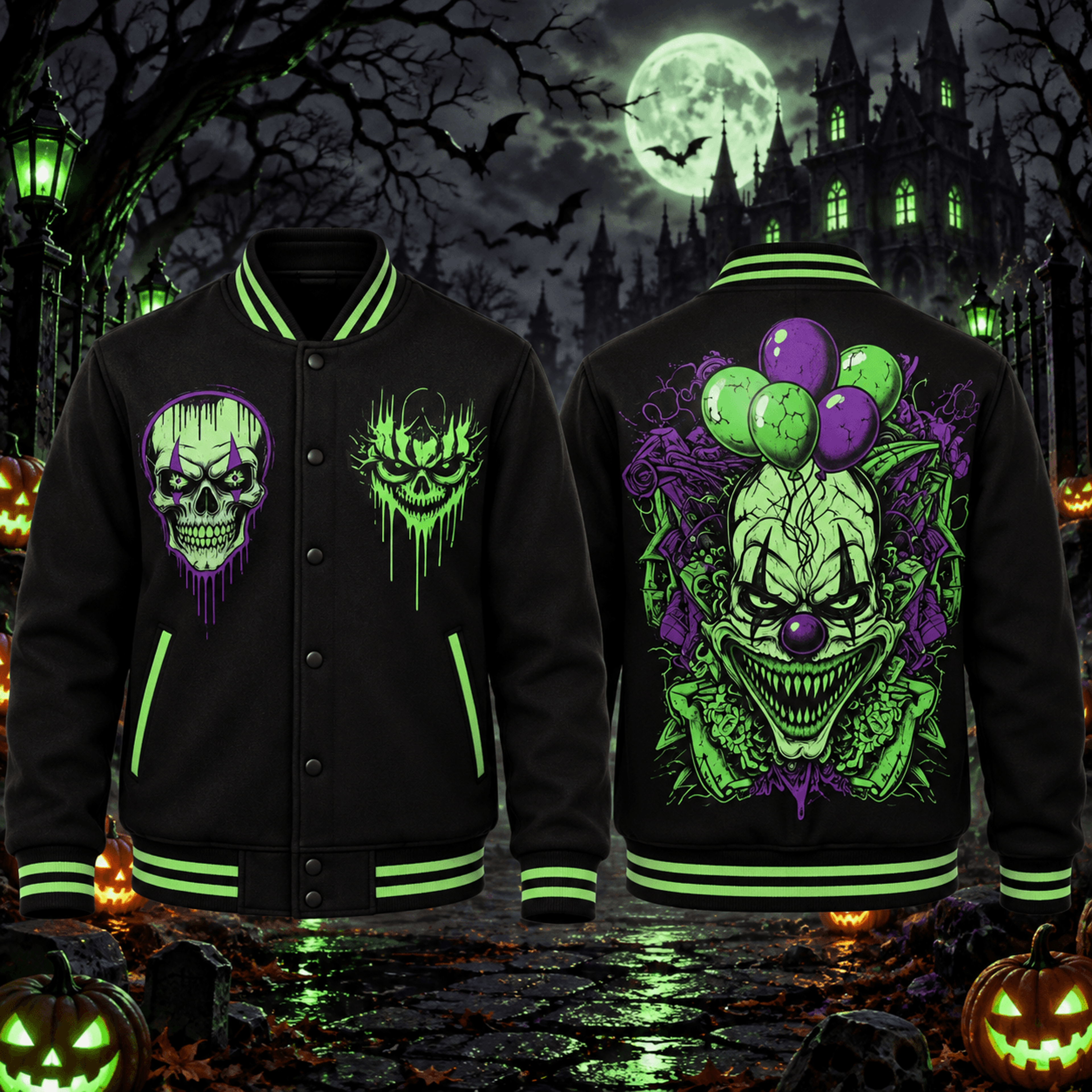 halloween evil clown unisex varsity jacket, scary skull horror printed jacket, green purple gothic halloween outfit