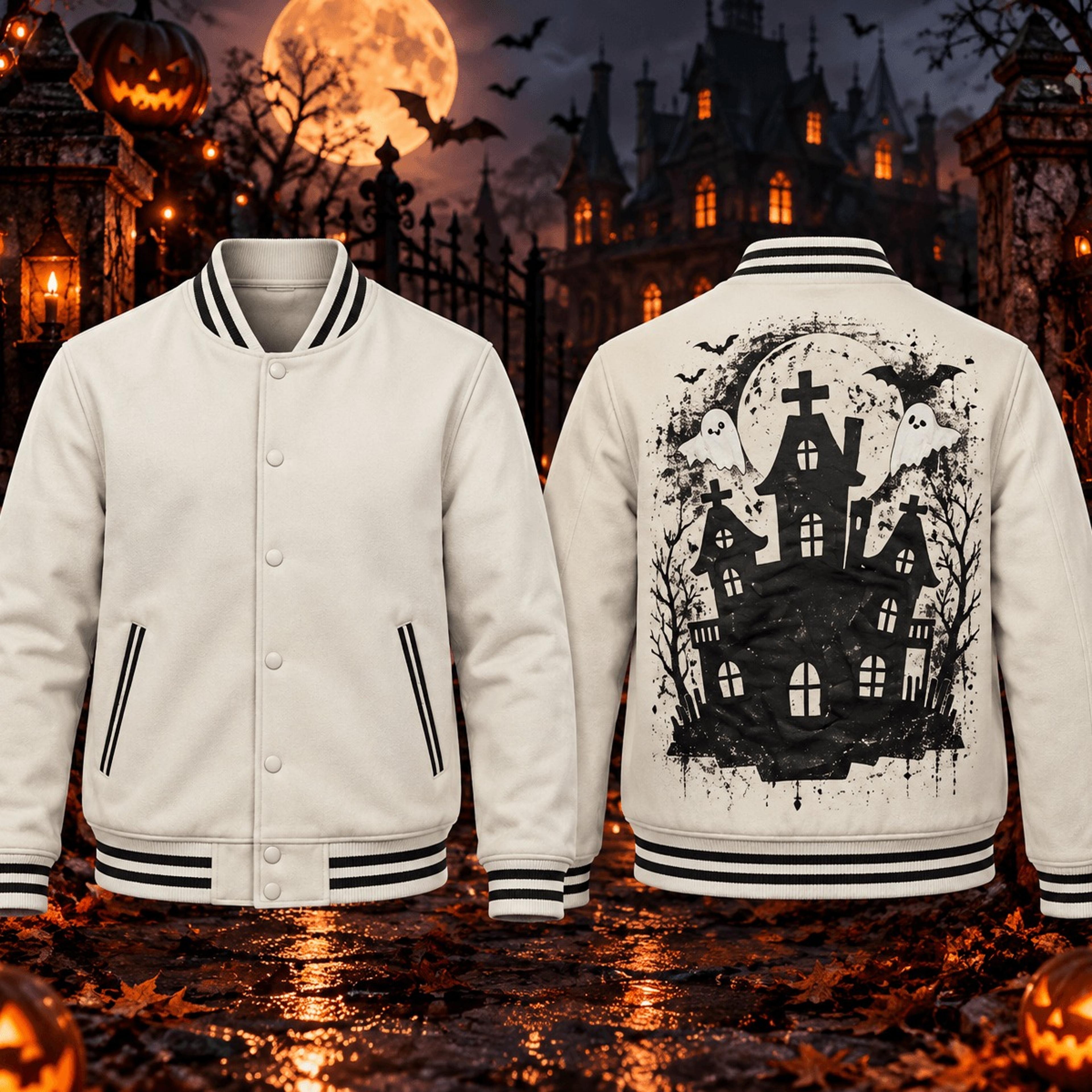 halloween haunted house unisex varsity jacket, spooky ghost gothic printed jacket, horror halloween streetwear