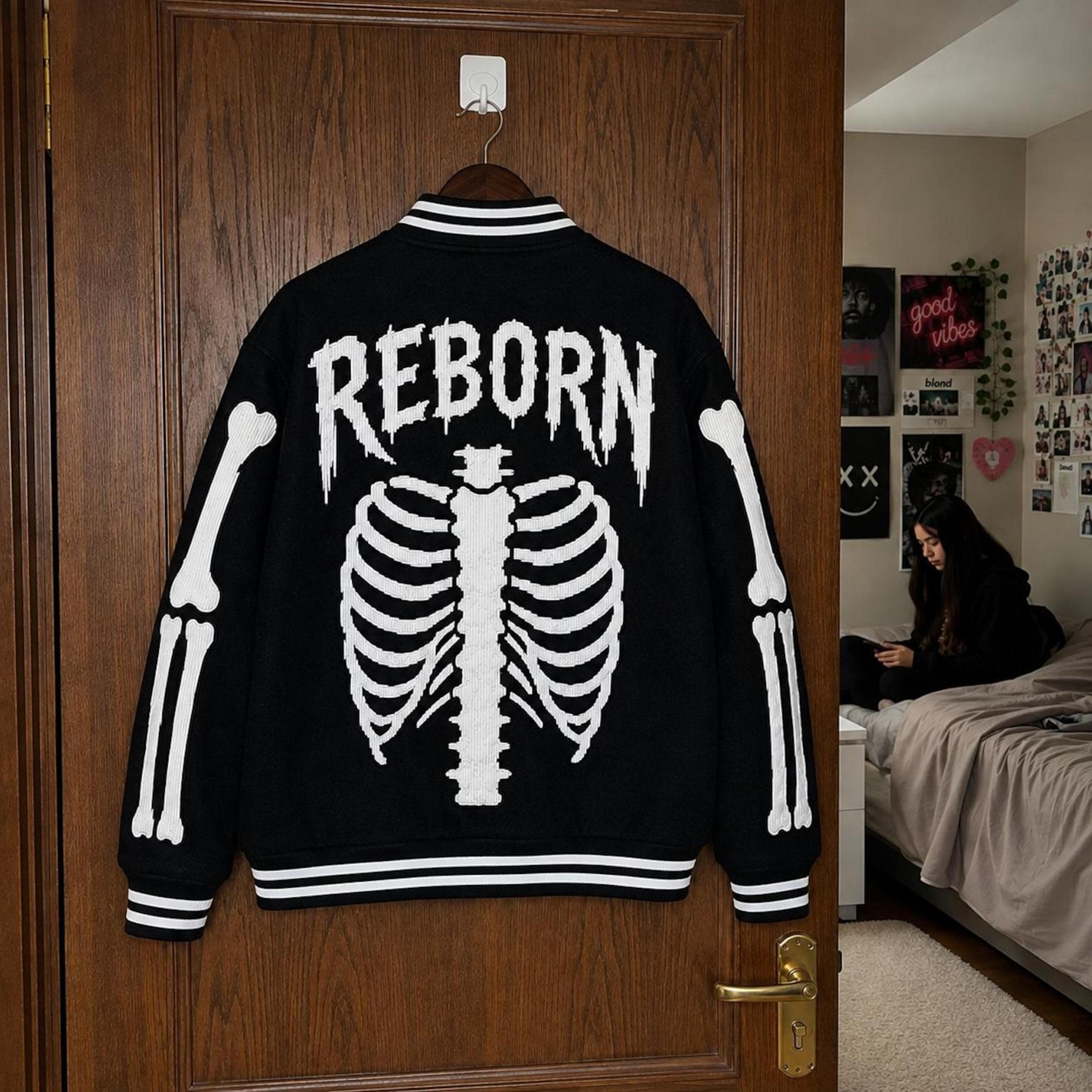 halloween reborn skeleton unisex varsity jacket, gothic bone print horror jacket, spooky halloween streetwear