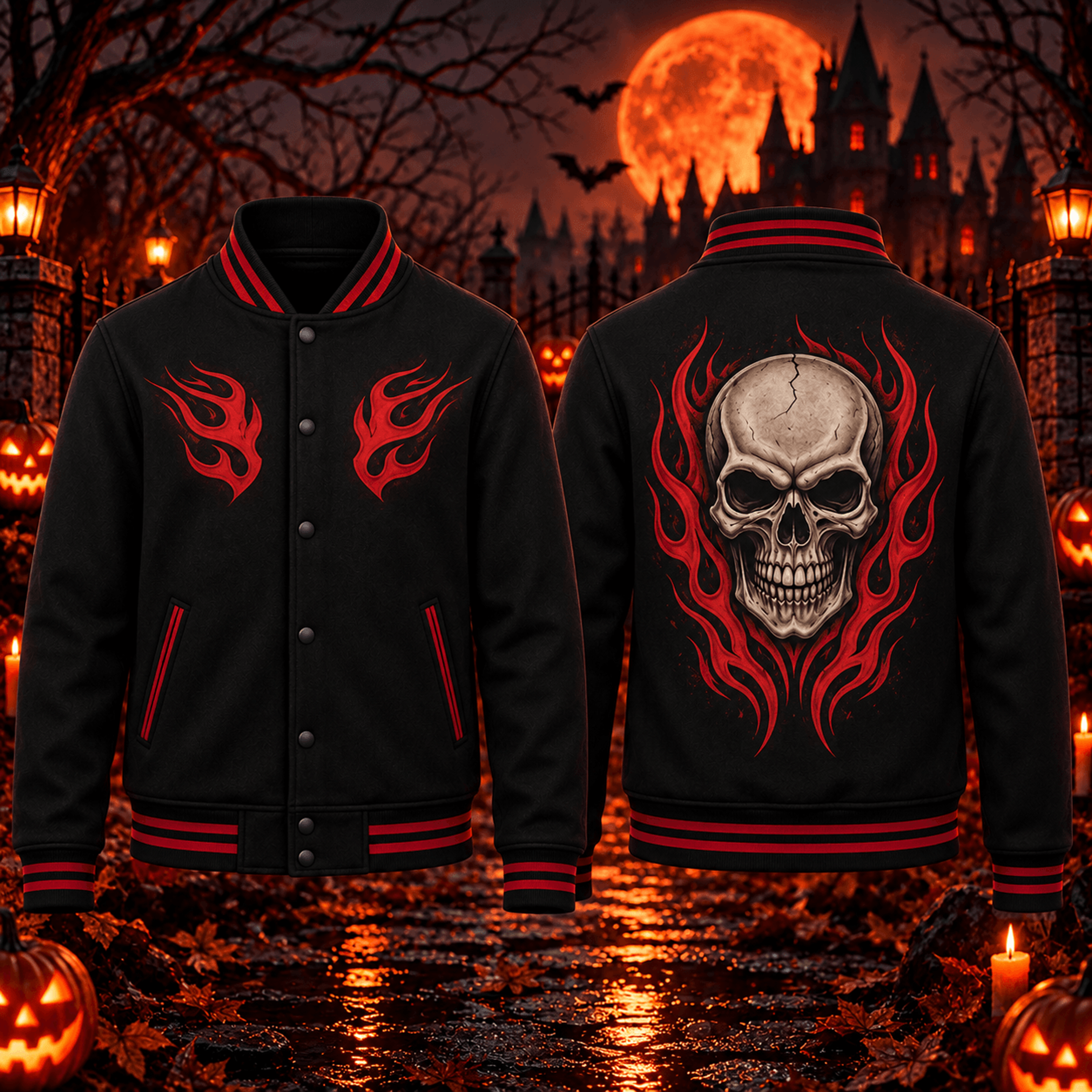halloween flaming skull unisex varsity jacket, gothic skull horror jacket, red flame spooky halloween streetwear