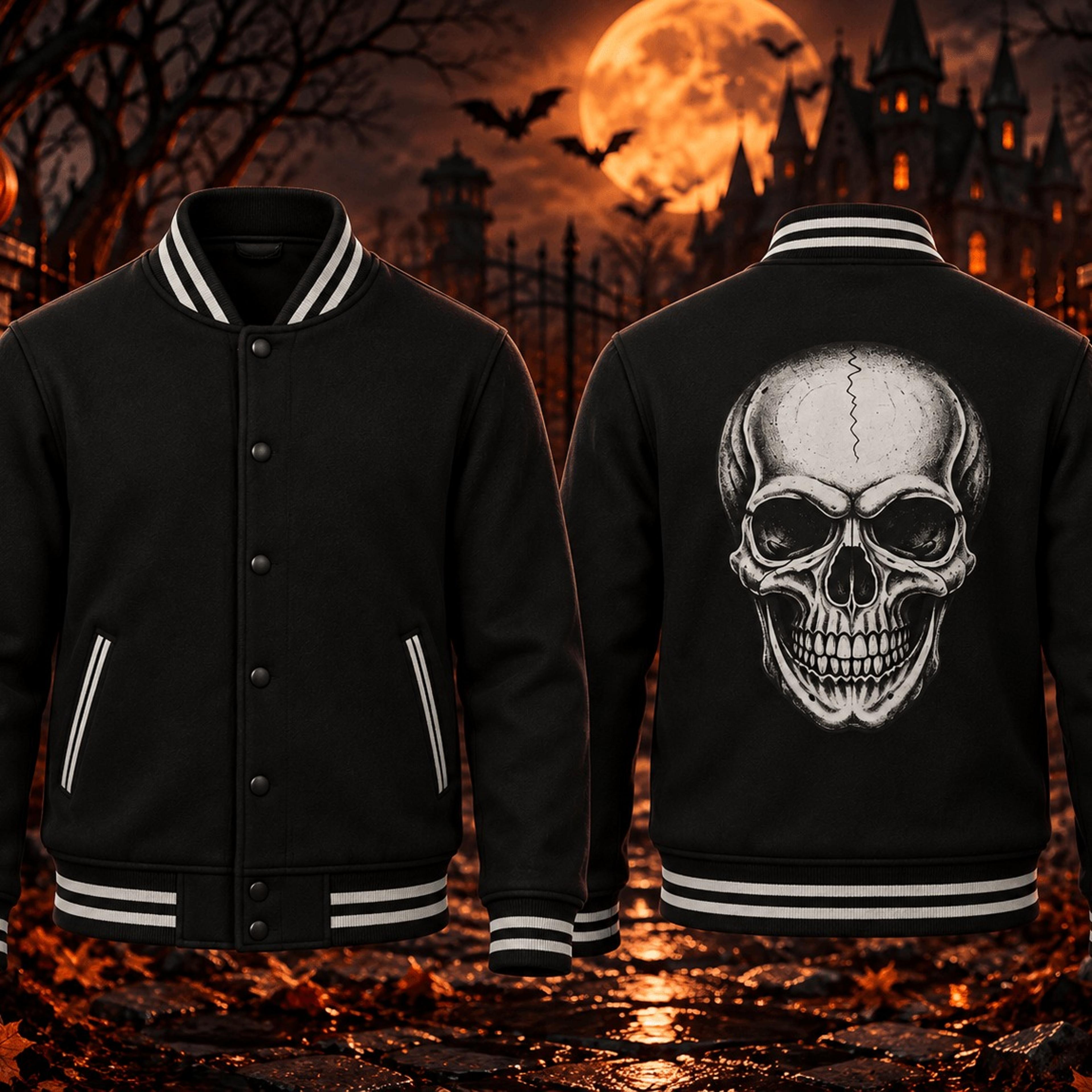 halloween skull unisex varsity jacket, gothic skeleton horror jacket, black skull spooky halloween streetwear