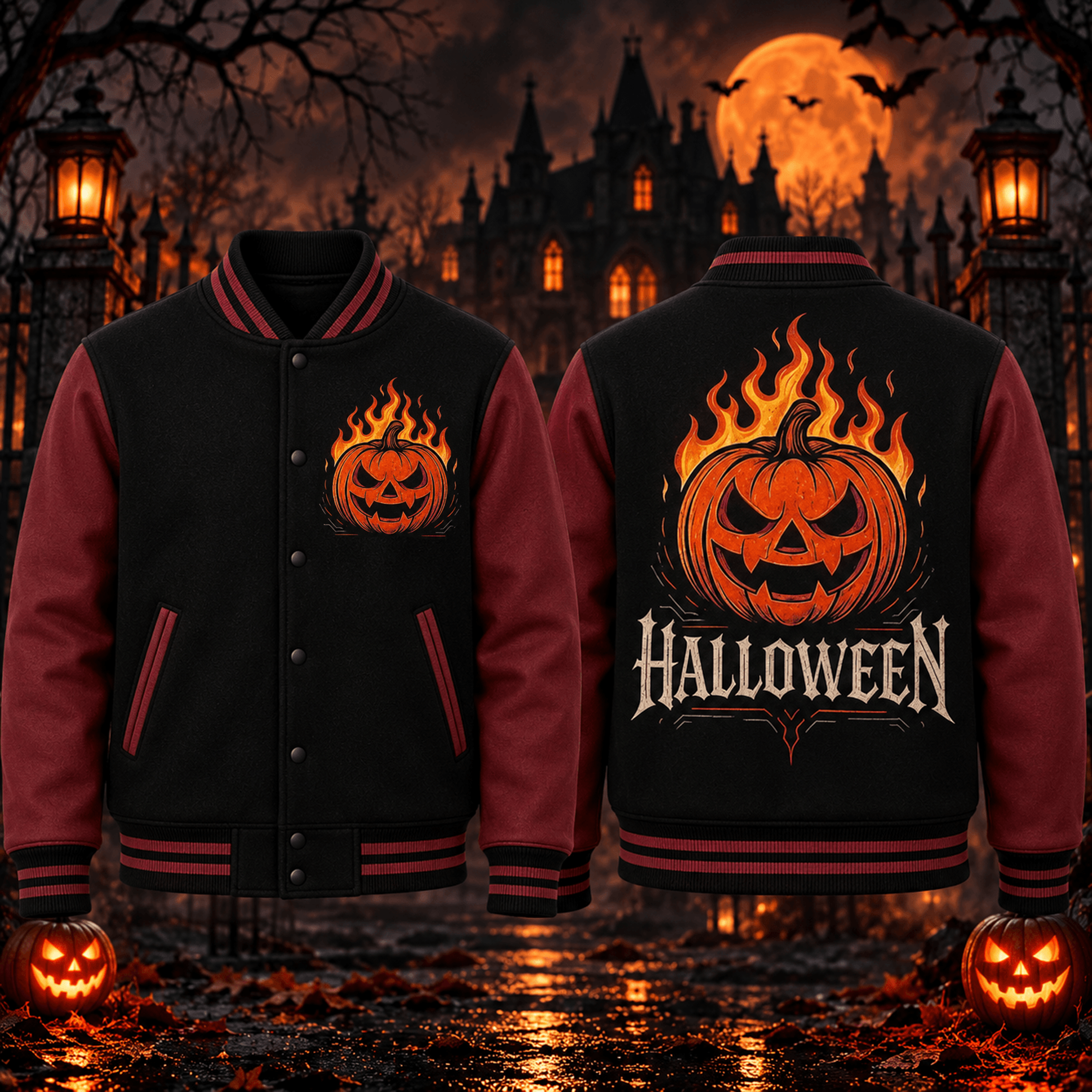 halloween pumpkin unisex varsity jacket, flaming jack o lantern horror jacket, spooky gothic halloween streetwear