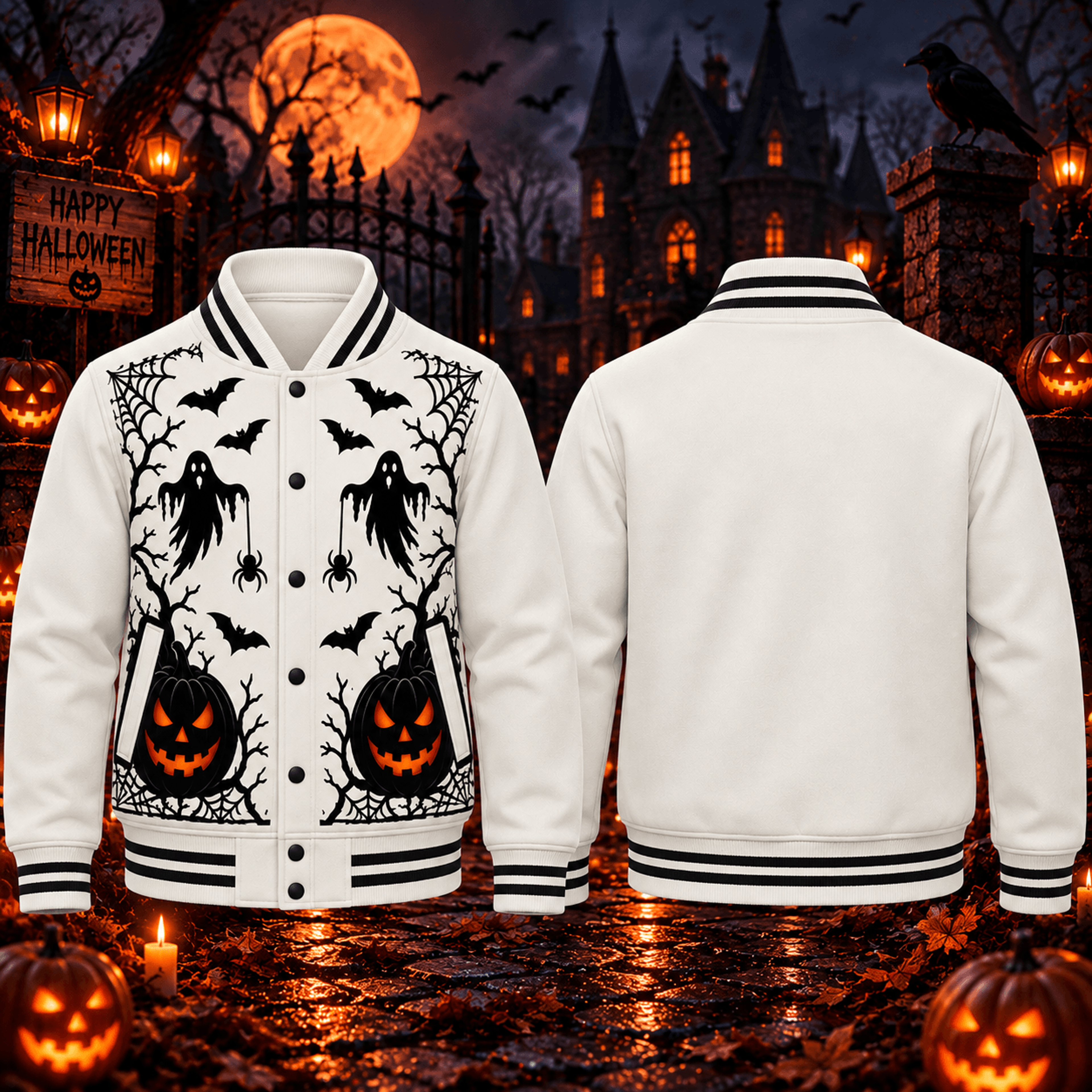 halloween ghost pumpkin unisex varsity jacket, spooky bat spider web horror jacket, gothic halloween streetwear