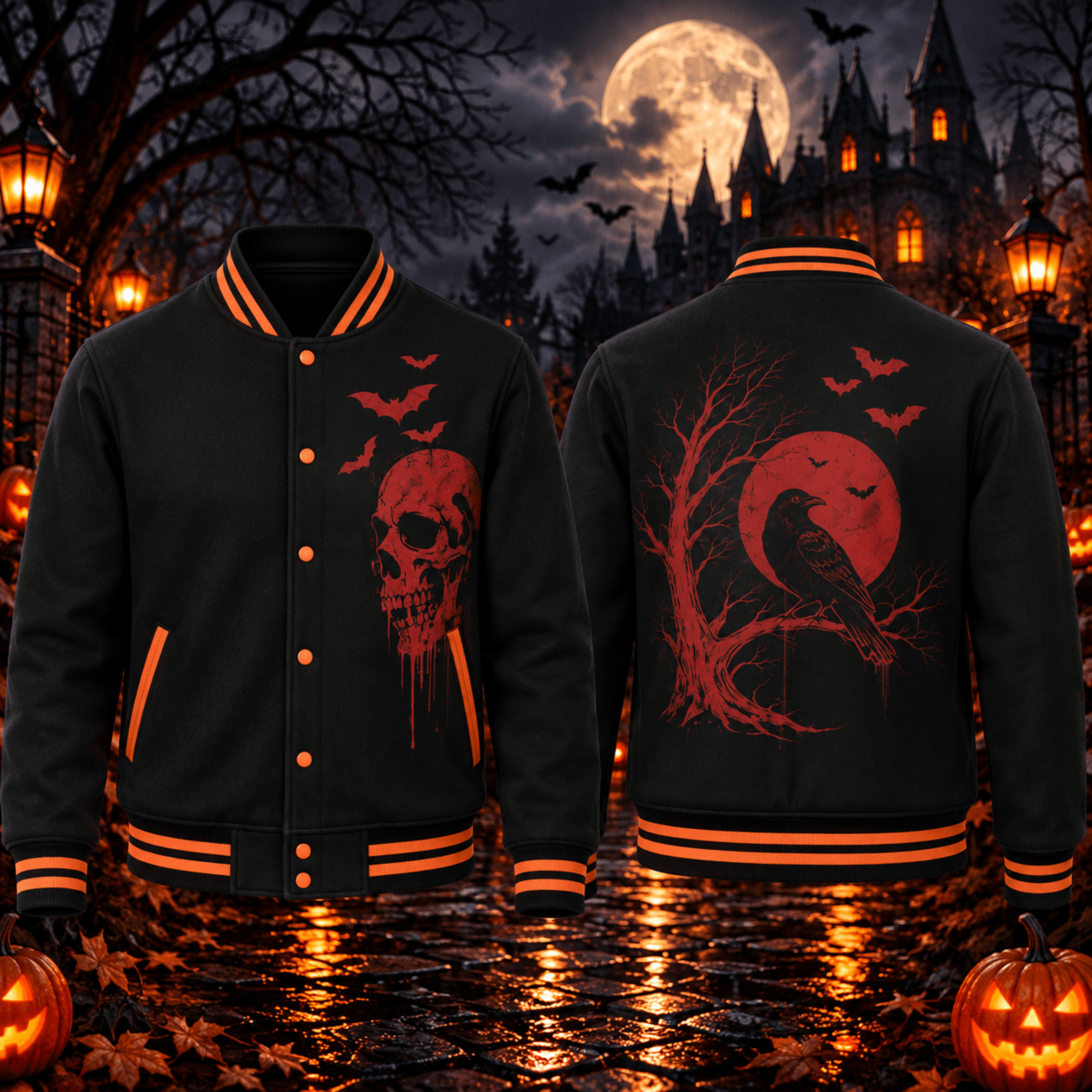 halloween skull raven unisex varsity jacket, gothic bat moon horror jacket, spooky dark halloween streetwear