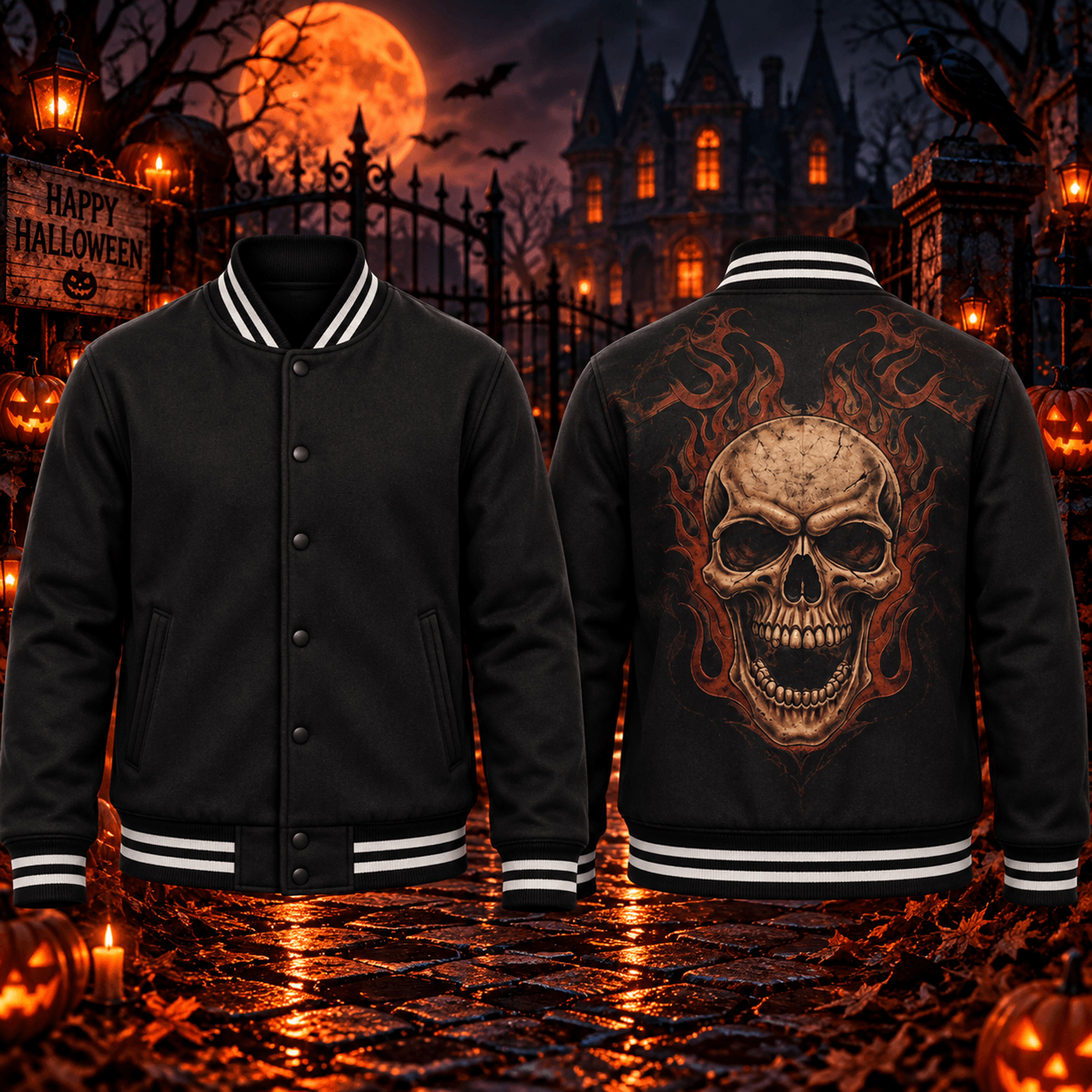 halloween flaming skull unisex varsity jacket, gothic fire skeleton printed adult jacket, spooky horror streetwear