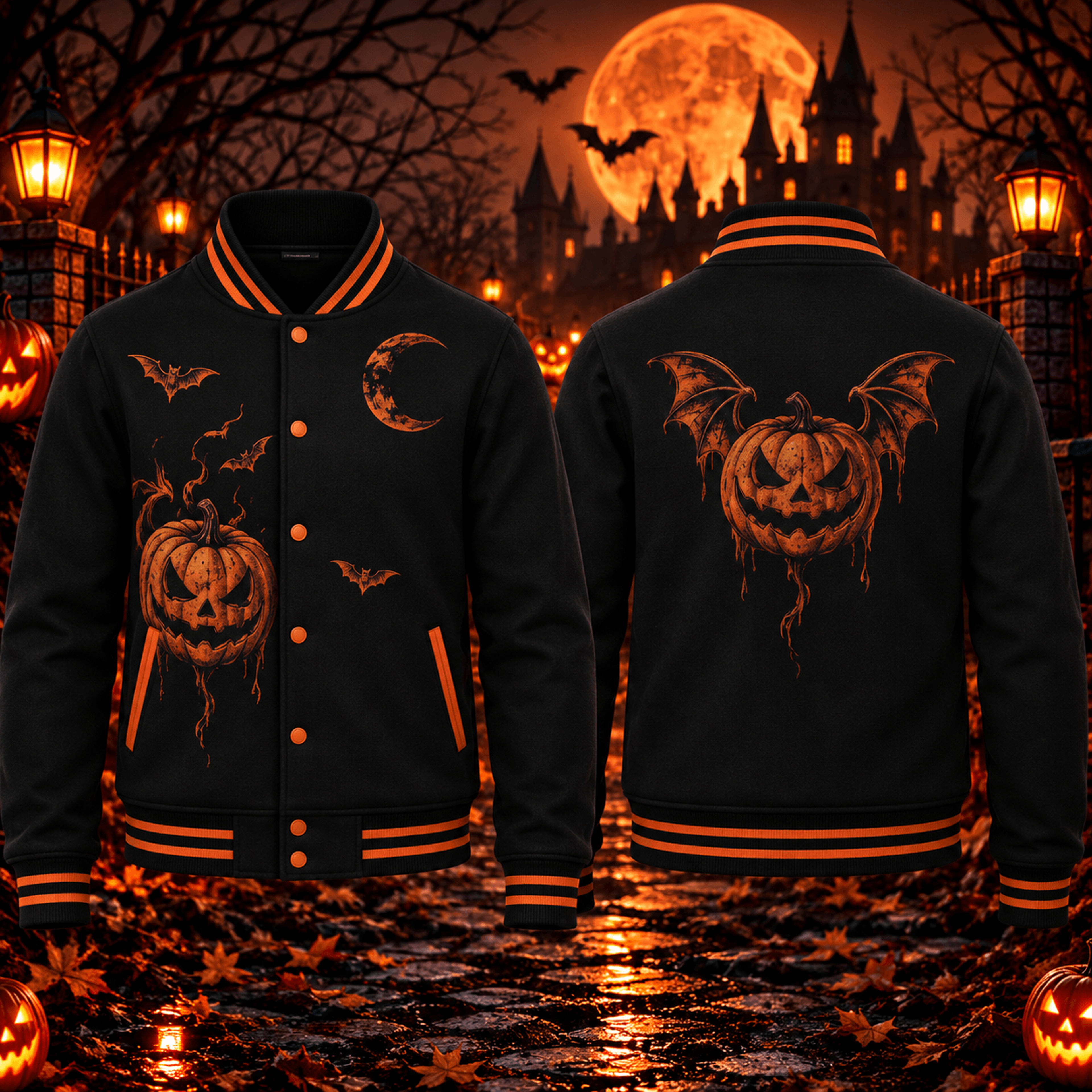 halloween pumpkin bat unisex varsity jacket, spooky jack o lantern moon gothic horror halloween jacket