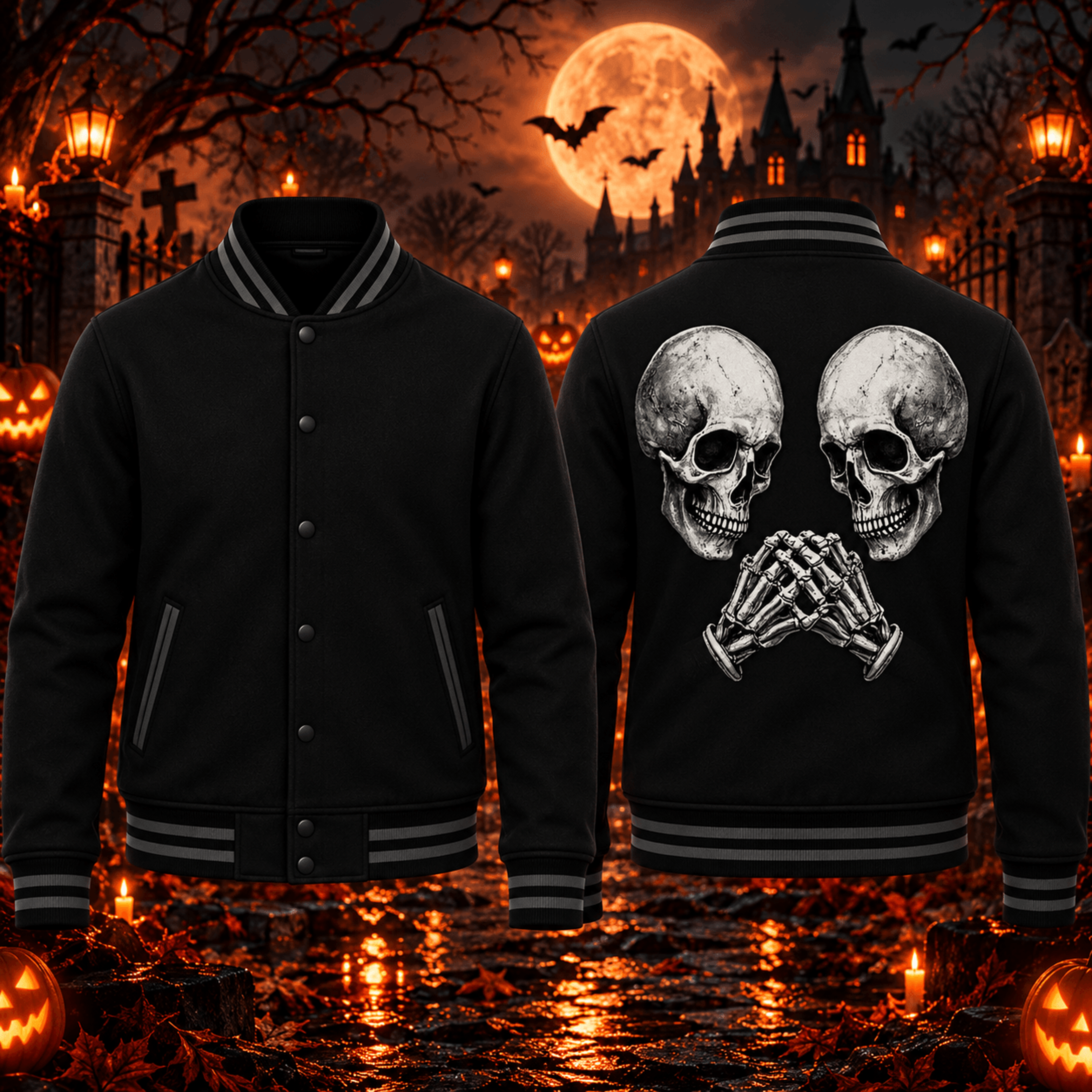 halloween twin skull unisex varsity jacket, gothic skeleton hands back print, spooky horror halloween jacket
