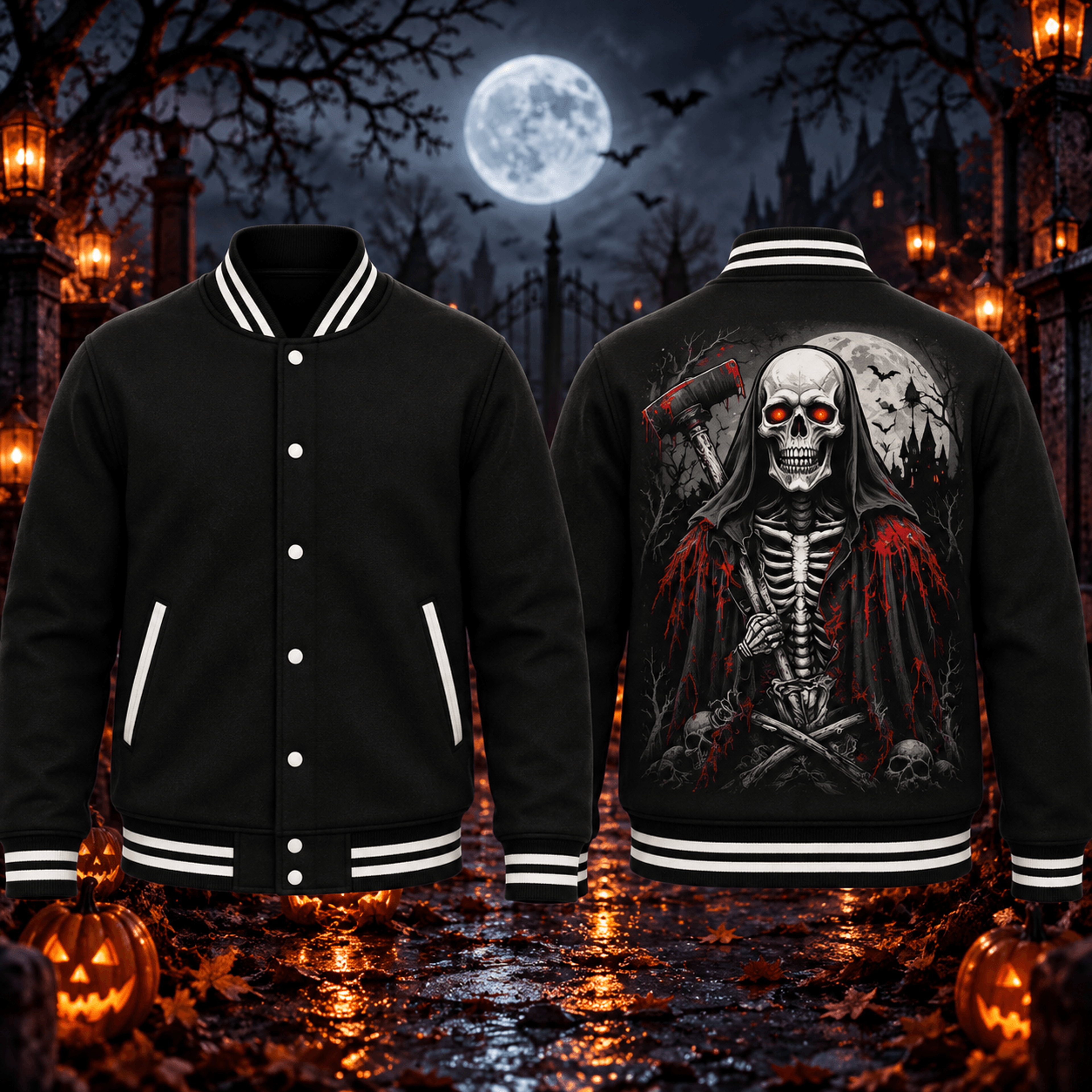 halloween grim reaper unisex varsity jacket, gothic skeleton horror printed adult jacket, spooky skull streetwear