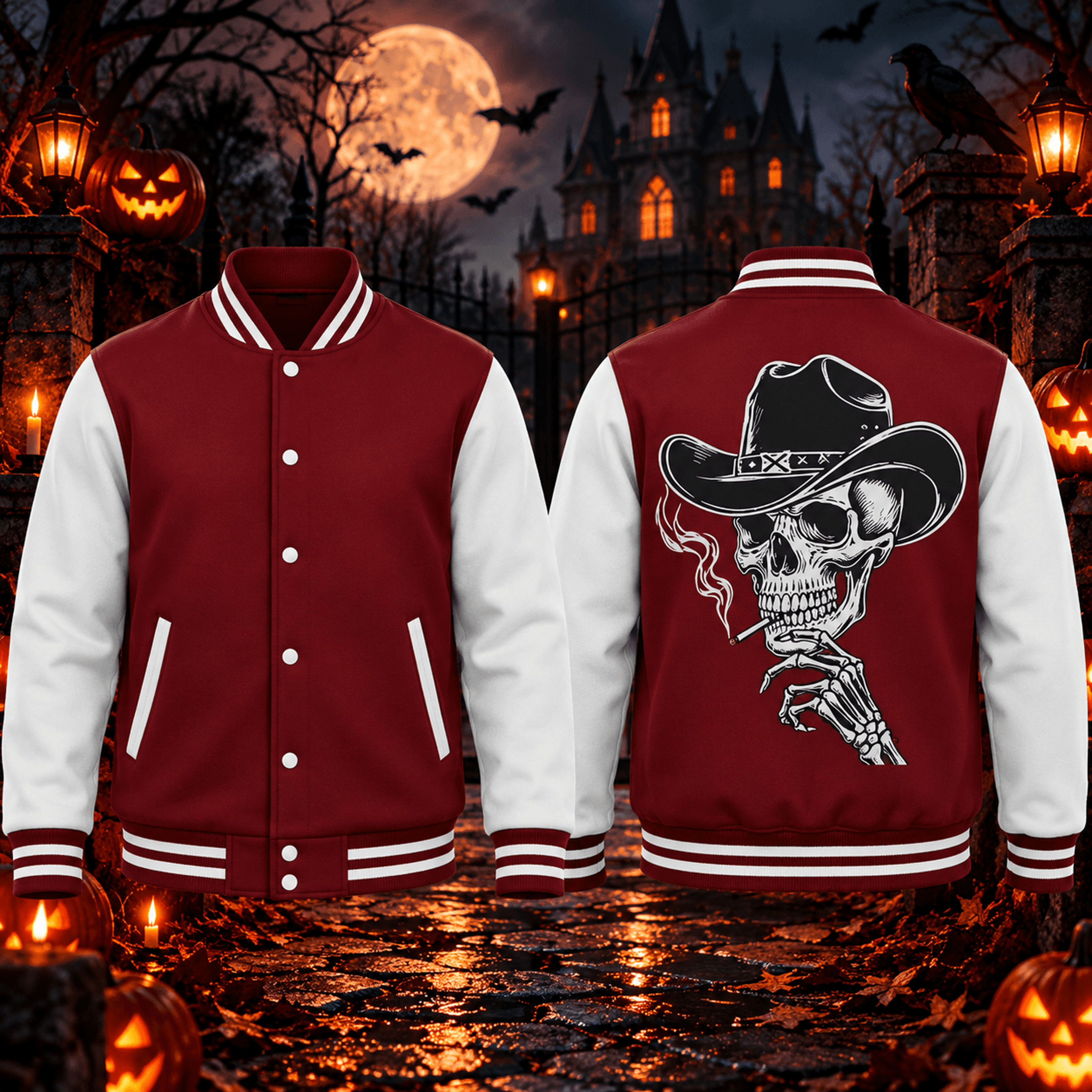 halloween cowboy skull unisex varsity jacket, western skeleton back print, gothic rodeo horror jacket