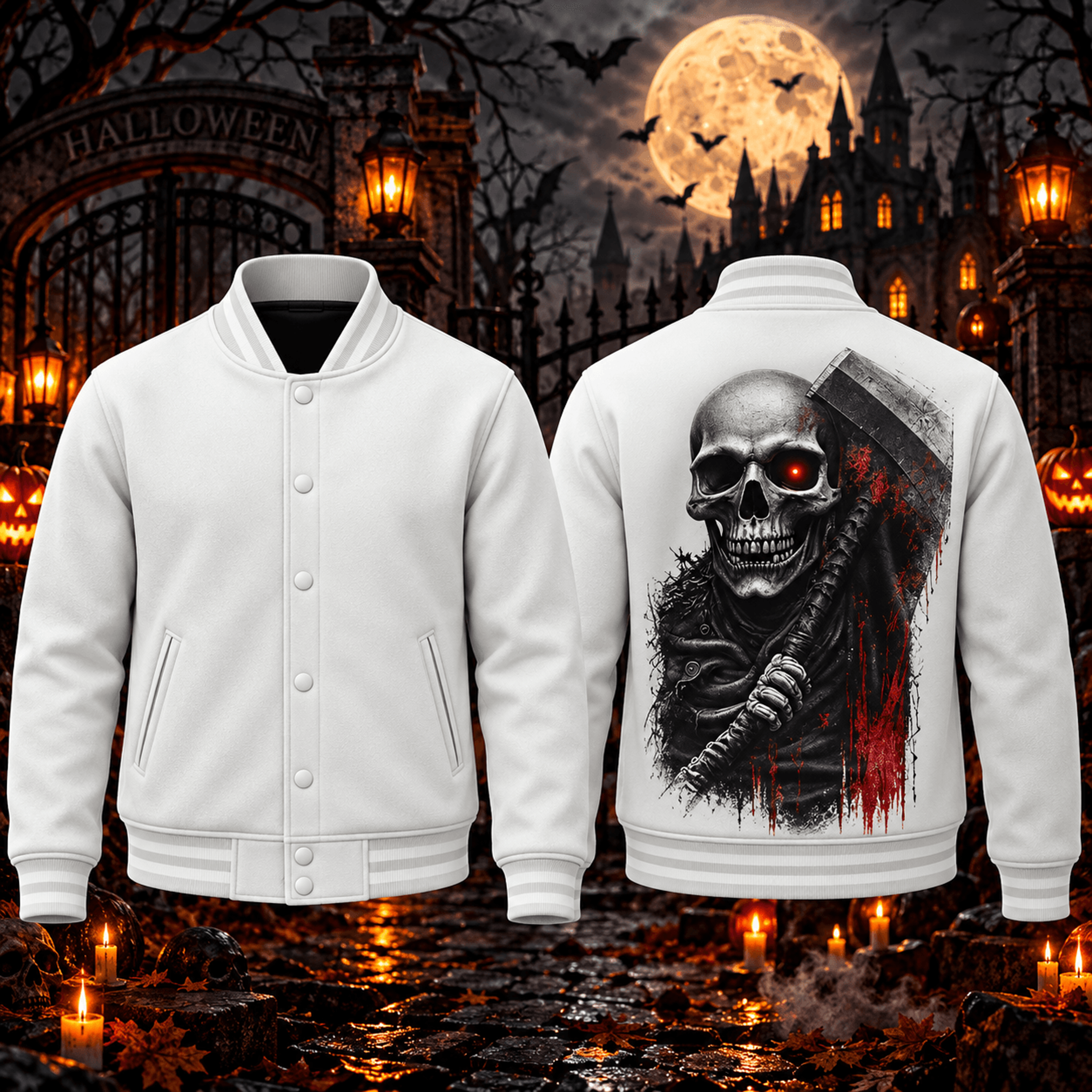 halloween skull cleaver unisex varsity jacket, gothic skeleton horror printed adult jacket, spooky halloween gift