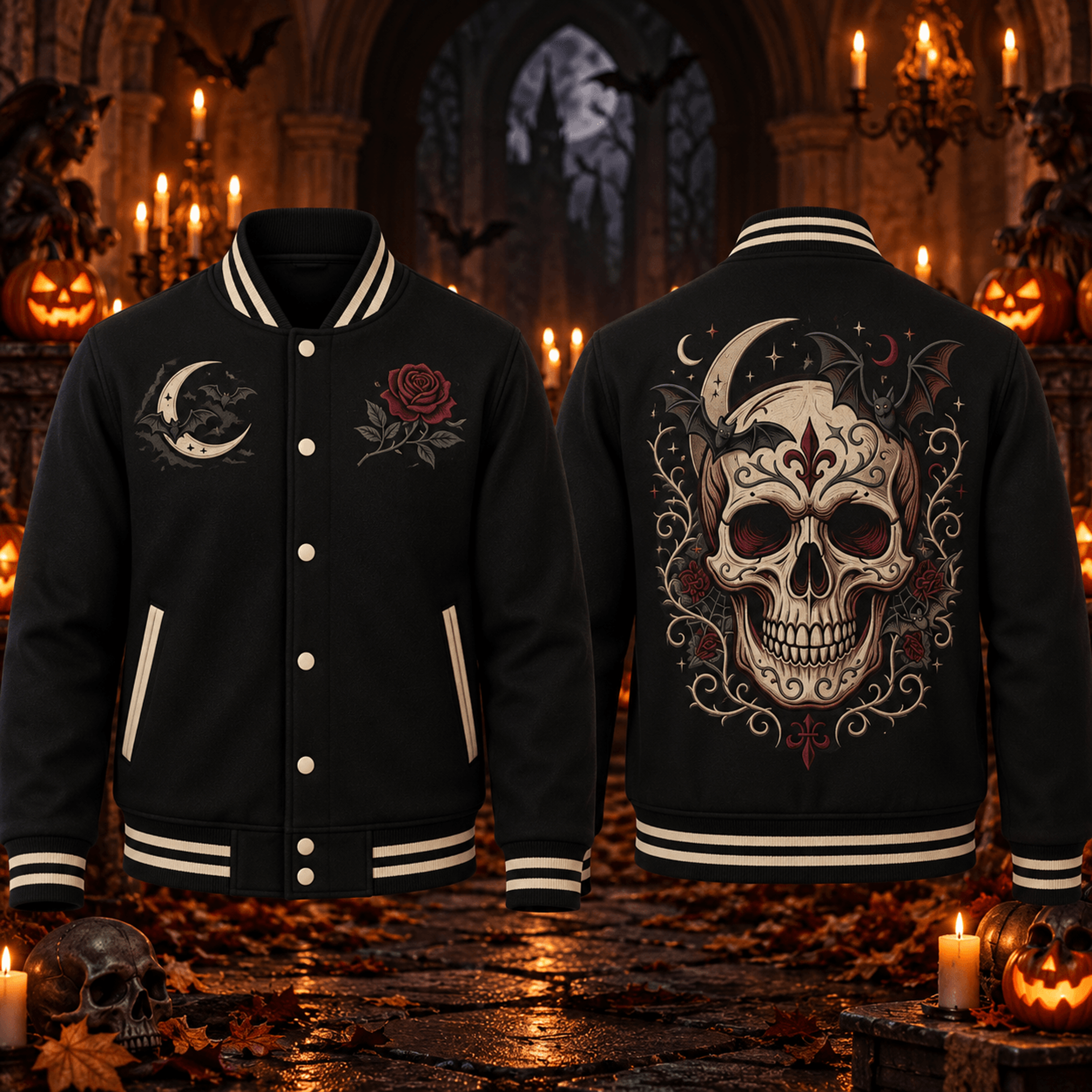 halloween gothic skull unisex varsity jacket, bat moon rose horror printed adult jacket, dark gothic streetwear