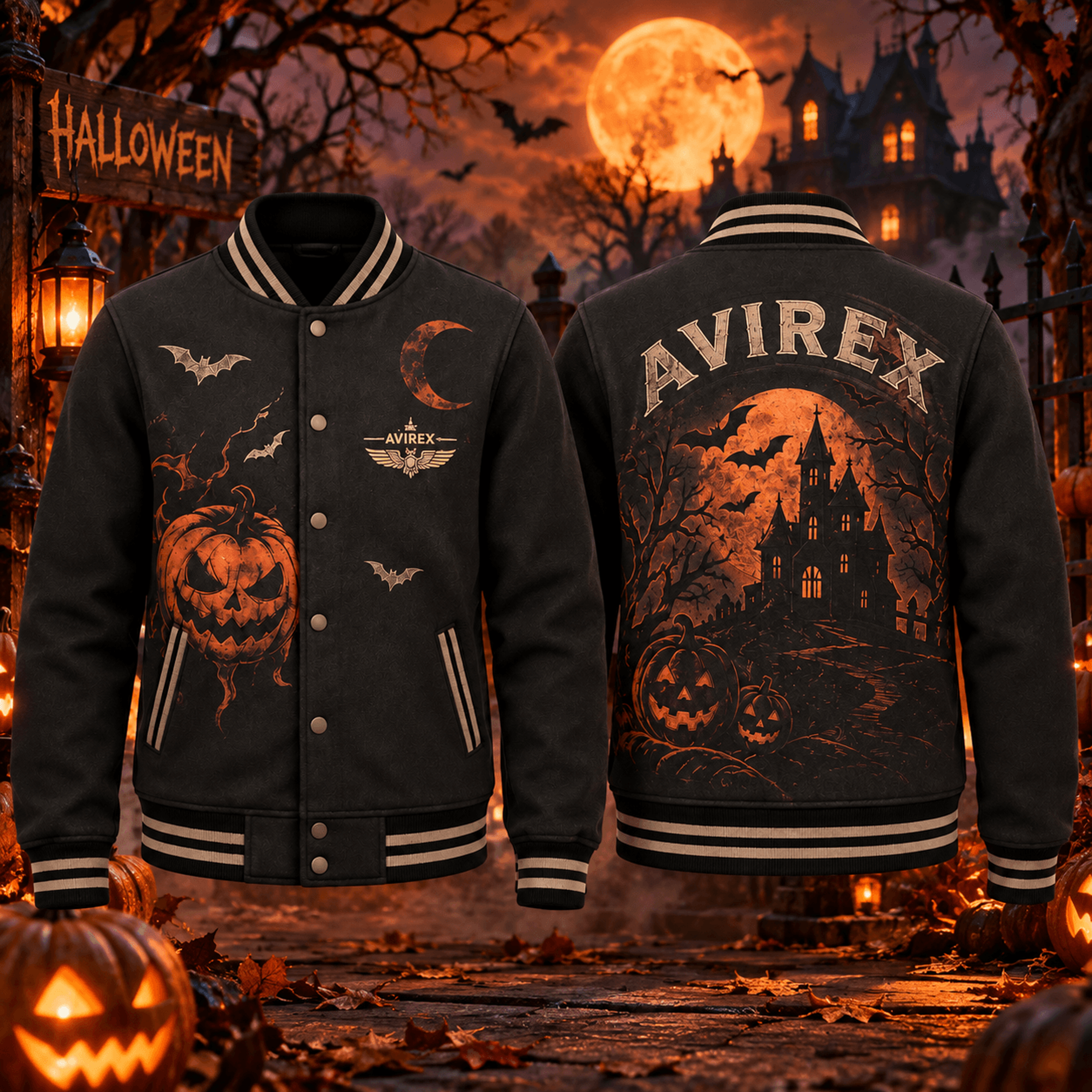 halloween haunted house pumpkin unisex varsity jacket, gothic bat moon printed adult spooky horror jacket