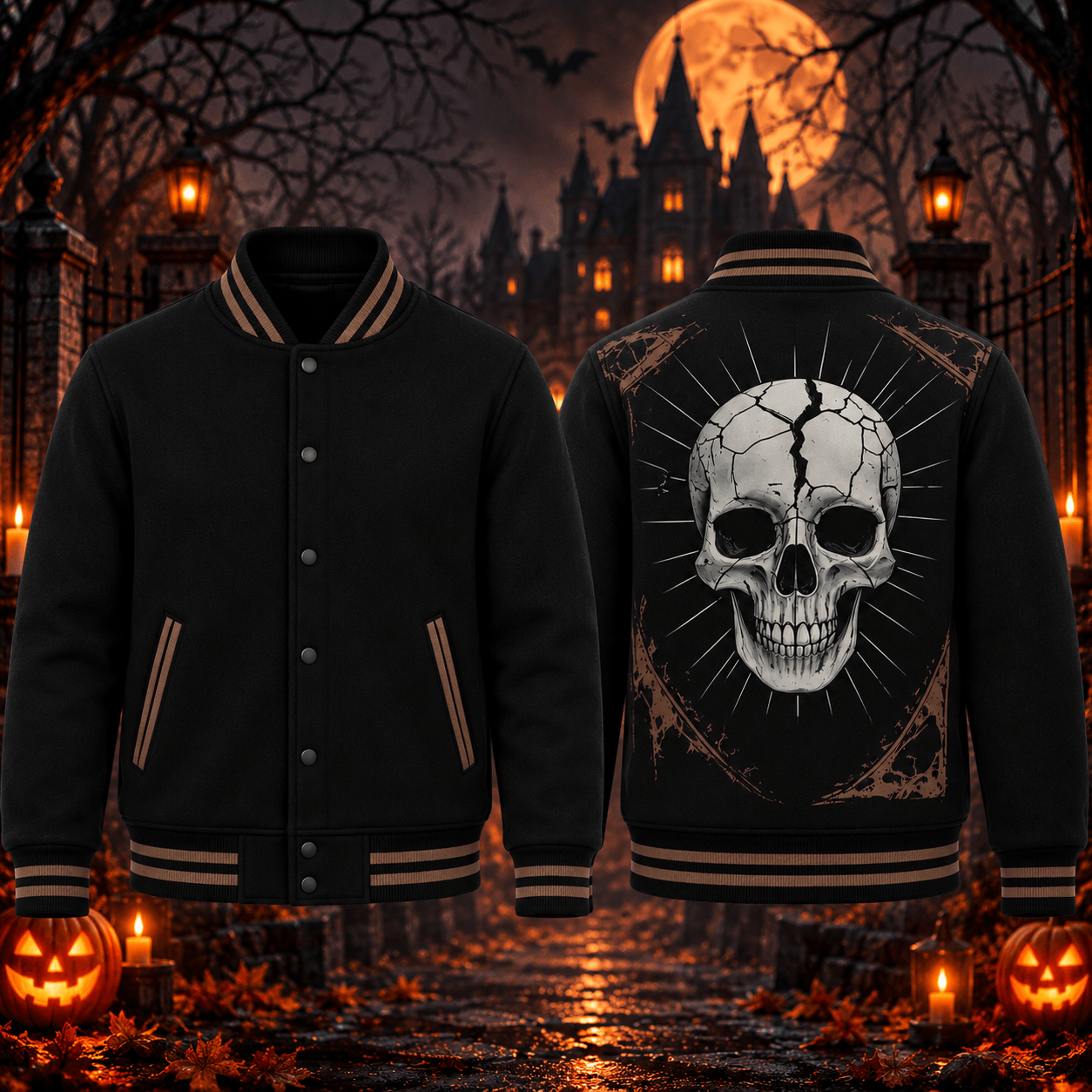 halloween cracked skull unisex varsity jacket, gothic skeleton printed adult black spooky horror jacket, skull art