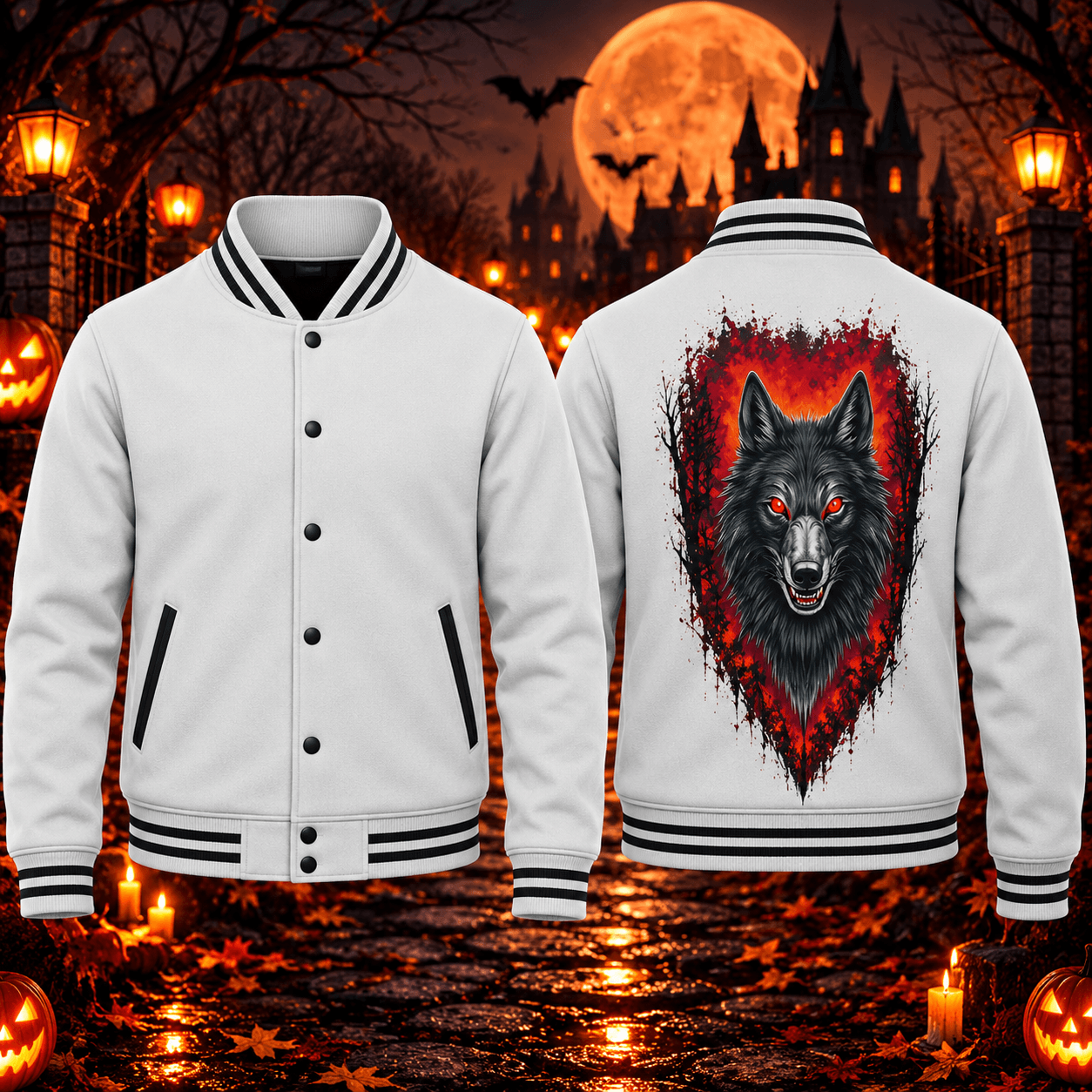 halloween red eye wolf unisex varsity jacket, gothic werewolf horror printed adult white jacket, spooky wolf design