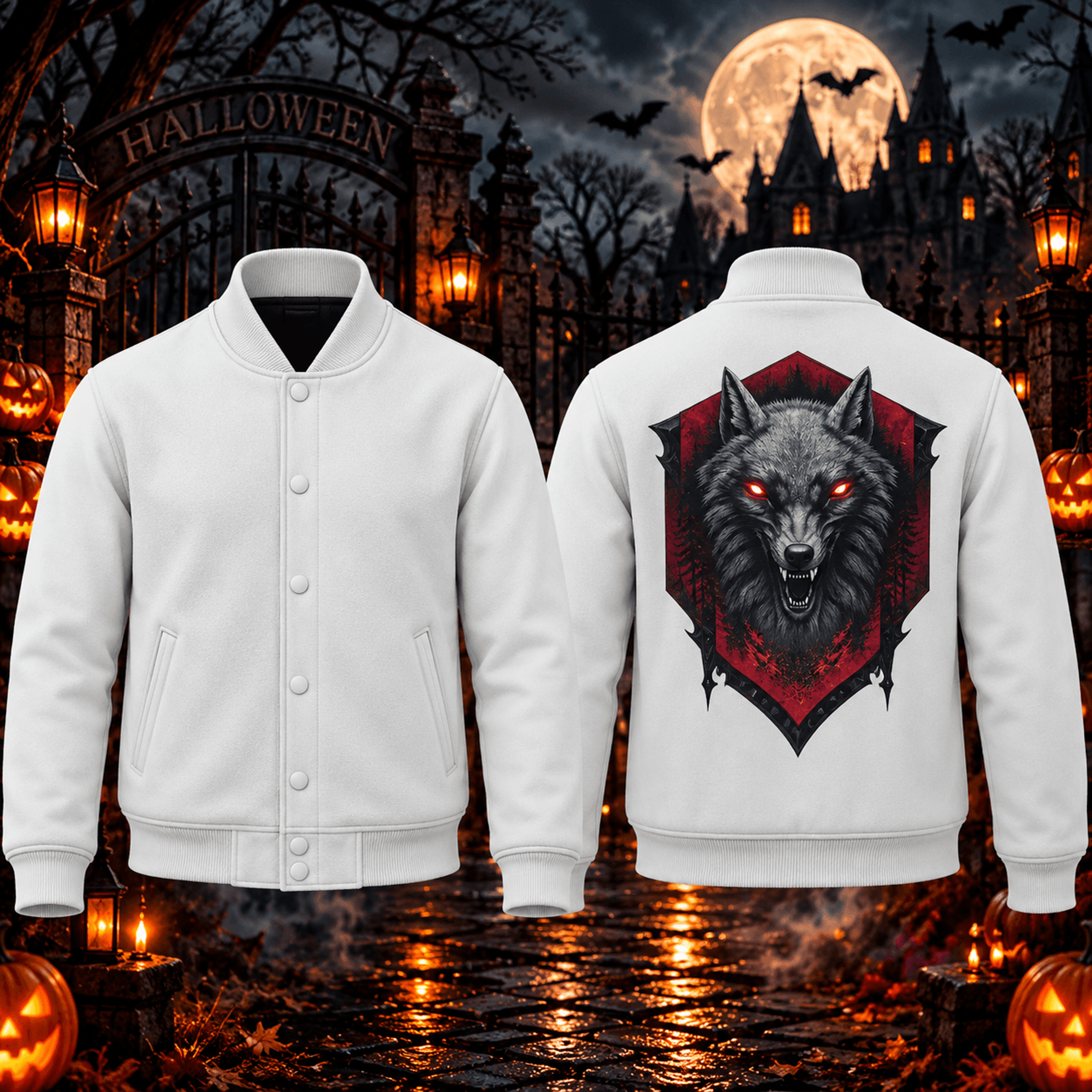 halloween werewolf unisex varsity jacket, red eye wolf horror printed adult white jacket, gothic spooky clothing
